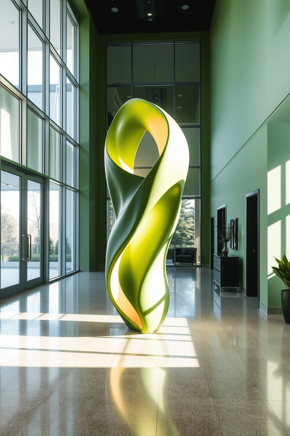 A modern green sculpture stands prominently in the foyer, crafted from smooth, sculptural forms that evoke a sense of tranquility. The sculpture is surrounded by soft, ambient lighting that highlights its curves and textures, creating a striking focal point. The foyer features a sleek, minimalist design with a fresh green color palette that complements the sculpture. Large windows allow natural light to flood the space, accentuating the interplay of shadows and highlights throughout the room.