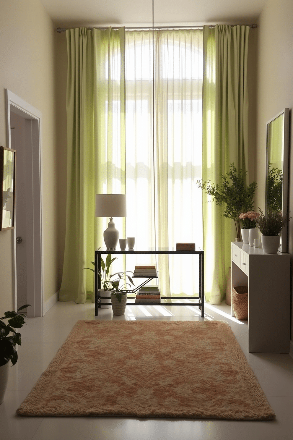 A serene foyer featuring soft green curtains that gently filter natural light, creating a welcoming atmosphere. The space is adorned with a stylish console table, complemented by decorative accents and a large mirror that reflects the light. The walls are painted in a soft cream color, enhancing the brightness of the room. A plush area rug in neutral tones anchors the space, while potted plants add a touch of greenery and life.