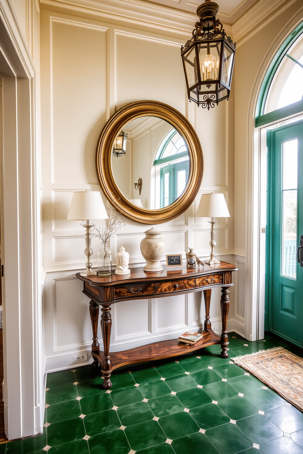 A vintage green tile floor creates a stunning foundation for a welcoming foyer. The walls are adorned with soft cream paneling, complemented by an antique wooden console table showcasing decorative items. A large, round mirror with a distressed gold frame hangs above the console, reflecting natural light from a nearby window. Elegant pendant lighting with a vintage finish illuminates the space, enhancing the foyer's charm.