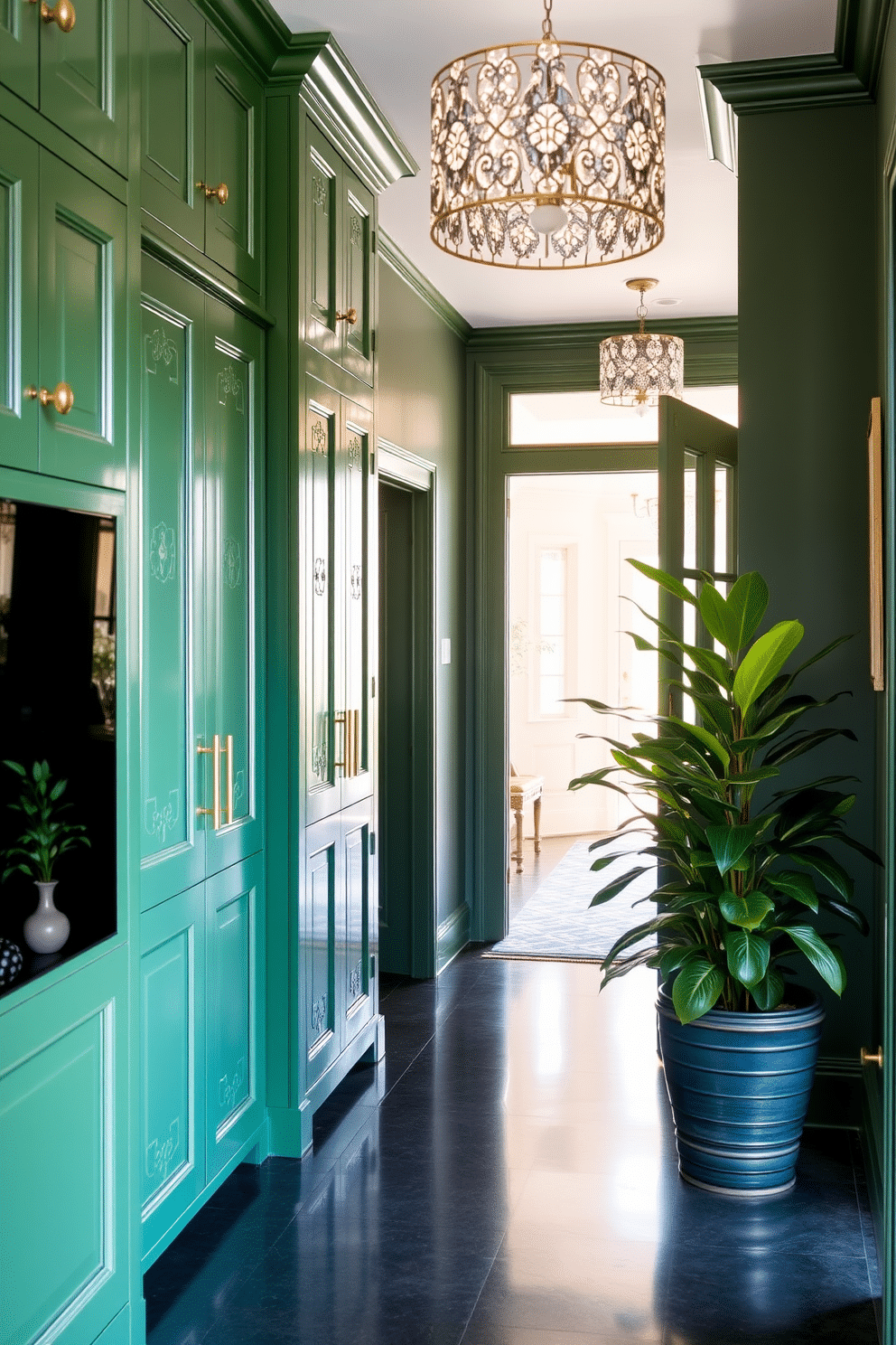 Custom green cabinetry for unique storage. The cabinets feature intricate detailing with brass handles, harmonizing beautifully with the surrounding decor. Green foyer design ideas. The space is illuminated by a modern chandelier, and a large potted plant adds a touch of freshness to the entryway.