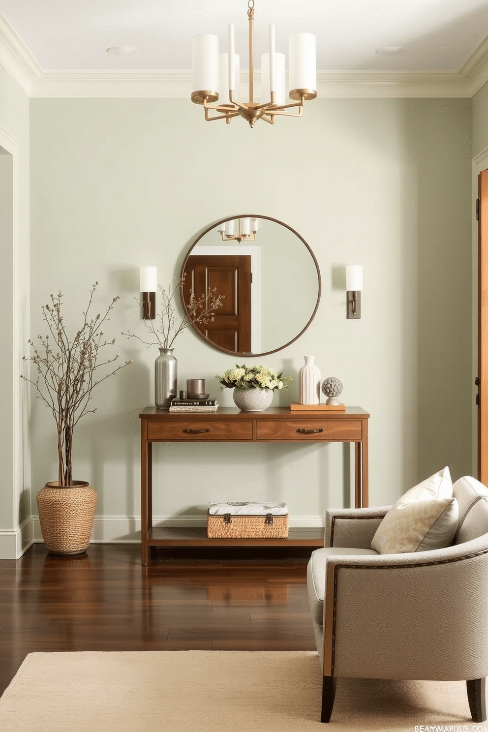 A serene foyer designed in soft sage green paint creates a tranquil entryway. The space features a stylish console table paired with a round mirror, accented by warm wooden tones and soft lighting. Delicate greenery and decorative accents add life to the serene ambiance. Plush seating in neutral fabrics invites guests to linger in this calming environment.