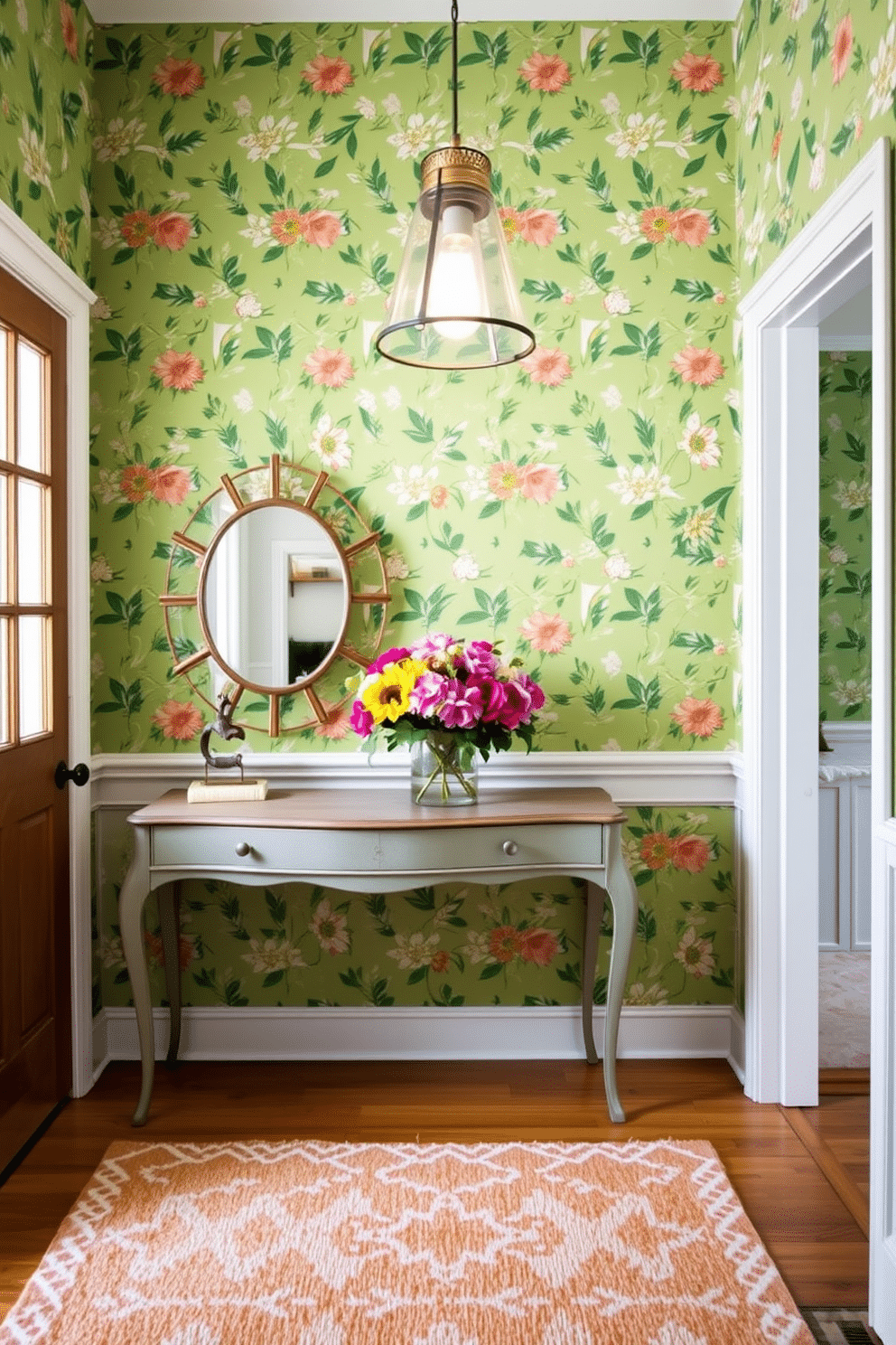 A whimsical green wallpaper adorns the walls of a bright foyer, featuring playful patterns of leaves and flowers that evoke a sense of joy. The space is complemented by a vintage console table, topped with a vibrant arrangement of fresh blooms and a quirky mirror that reflects the lively atmosphere. In this foyer, a plush area rug with a bold geometric design adds warmth and texture underfoot. Soft lighting from a stylish pendant fixture casts a welcoming glow, enhancing the cheerful ambiance and inviting guests to explore further.