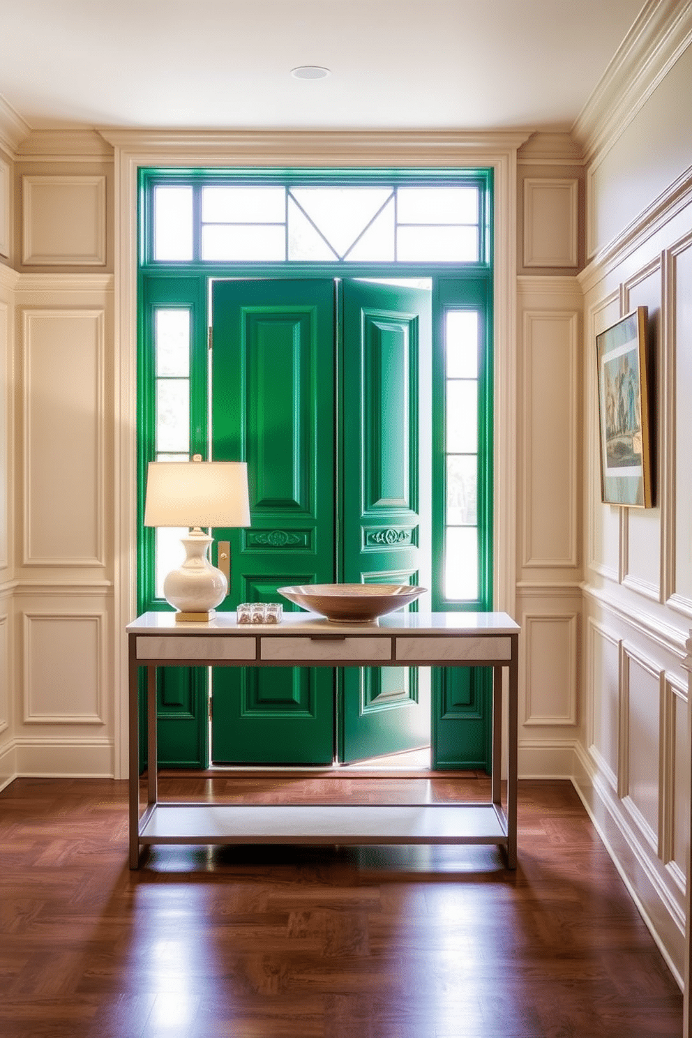 A bold emerald green front door stands as a striking focal point, framed by elegant sidelights that enhance its grandeur. The door features intricate carvings and a polished brass handle, inviting guests into a sophisticated entryway. Inside the foyer, walls are adorned with soft cream paneling that complements the vibrant door. A chic console table with a marble top sits against the wall, topped with a stylish lamp and a decorative bowl, creating a warm and welcoming atmosphere.