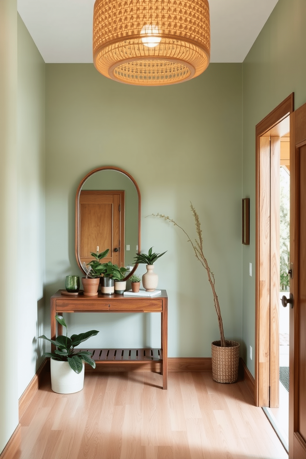 A serene foyer featuring natural wood accents seamlessly integrated with lush green tones. The walls are adorned with a soft, pale green hue, while a rich, wooden console table stands against one side, decorated with potted plants and a stylish mirror above it. The floor is finished with light-colored hardwood, enhancing the warmth of the space. A statement light fixture made of woven natural fibers hangs from the ceiling, casting a gentle glow over the inviting entrance.