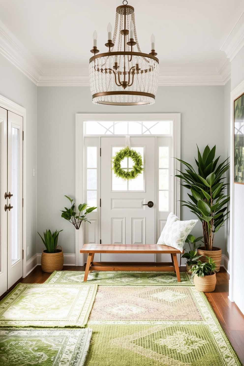 Layered green rugs create a cozy atmosphere, inviting warmth and comfort into the space. The combination of various textures and shades of green enhances the room's visual interest while providing a soft underfoot experience. For the foyer design, consider a bright and airy entryway featuring a statement chandelier that draws the eye upward. Incorporate a mix of natural materials, such as a wooden bench and potted plants, to create an inviting and stylish first impression.