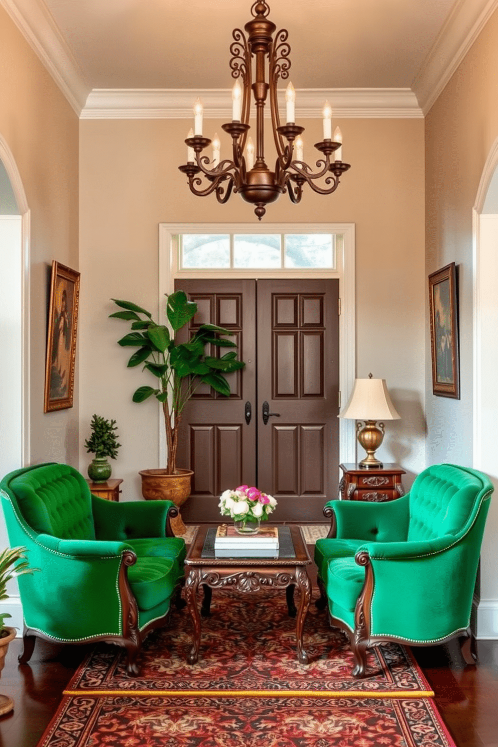 A vintage green furniture set creates an inviting atmosphere in the foyer, featuring a plush, emerald green loveseat paired with intricately carved wooden side tables. The walls are adorned with soft, neutral tones, allowing the furniture to stand out while vintage-inspired artwork adds character to the space. Incorporating a statement chandelier with antique finishes enhances the charm of the foyer, casting a warm glow over the vintage pieces. A patterned area rug in complementary hues anchors the design, while potted plants in the corners bring life and freshness to the setting.