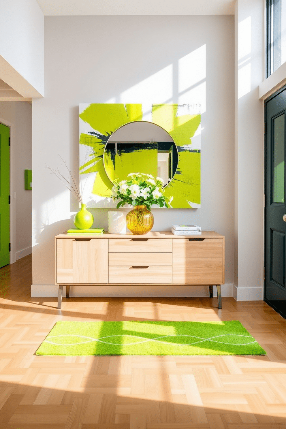 A bright and inviting foyer featuring a sleek console table in a light wood finish. The wall behind is adorned with a large abstract artwork that incorporates vibrant lime green hues, complemented by a stylish round mirror above the table. Bright lime green accessories are strategically placed throughout the space, including a statement vase filled with fresh flowers and a geometric-patterned rug. The flooring is a light oak, providing a warm contrast to the bold colors, while natural light floods in through a large window, enhancing the cheerful atmosphere.