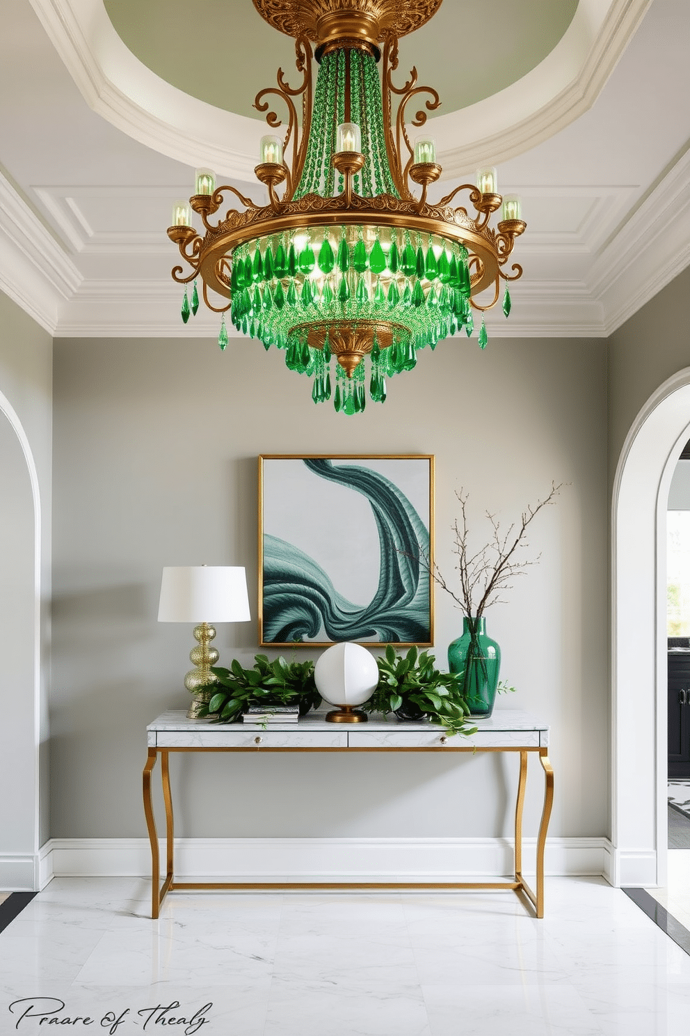 Elegant green lighting fixtures for style. The fixtures feature intricate designs with a blend of brass and emerald glass, casting a warm, inviting glow throughout the space. Green Foyer Design Ideas. The foyer showcases a statement chandelier adorned with green crystals, complemented by a console table topped with lush greenery and decorative accents that enhance the overall elegance.