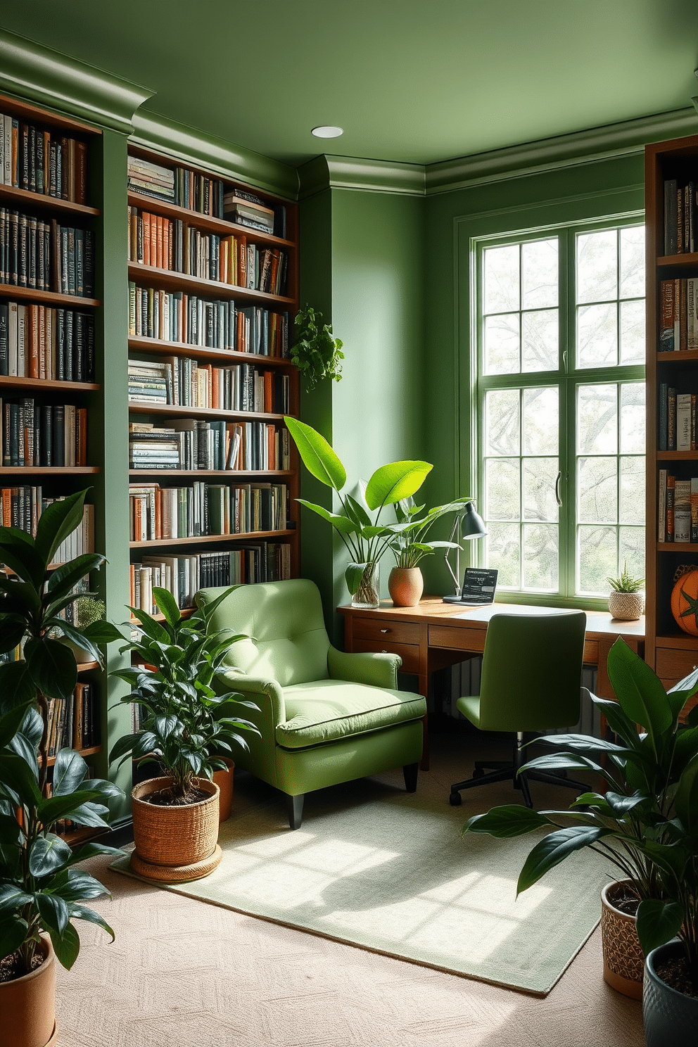 Cozy green reading nook with plants. A plush armchair upholstered in soft green fabric is nestled in the corner, surrounded by lush potted plants that create a serene atmosphere. Green Home Library Design Ideas. The walls are lined with floor-to-ceiling bookshelves filled with an array of books, while a large window allows natural light to flood the space, highlighting a sleek wooden desk and a comfortable reading chair.