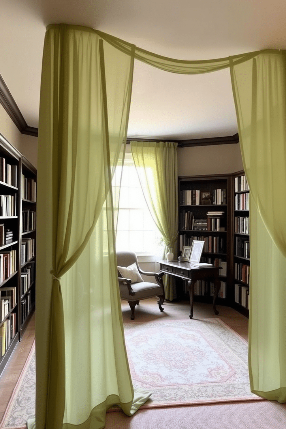 A serene home library featuring soft green curtains that gently drape from the ceiling to the floor, creating a calming atmosphere. The walls are lined with dark wooden bookshelves filled with an array of books, while a cozy reading nook with a plush armchair is nestled in the corner, inviting relaxation. Natural light filters through the curtains, illuminating a vintage wooden desk positioned by the window, adorned with a few decorative items and a small potted plant. A soft area rug in neutral tones anchors the space, adding warmth and comfort to this tranquil reading retreat.