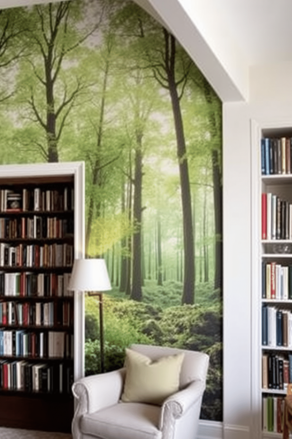 Accent wall with forest mural. The wall is adorned with a large, vibrant mural depicting a serene forest scene, bringing the beauty of nature indoors. Green home library design ideas. The library features built-in shelves filled with books, accented by a cozy reading nook with a plush armchair and soft, ambient lighting.