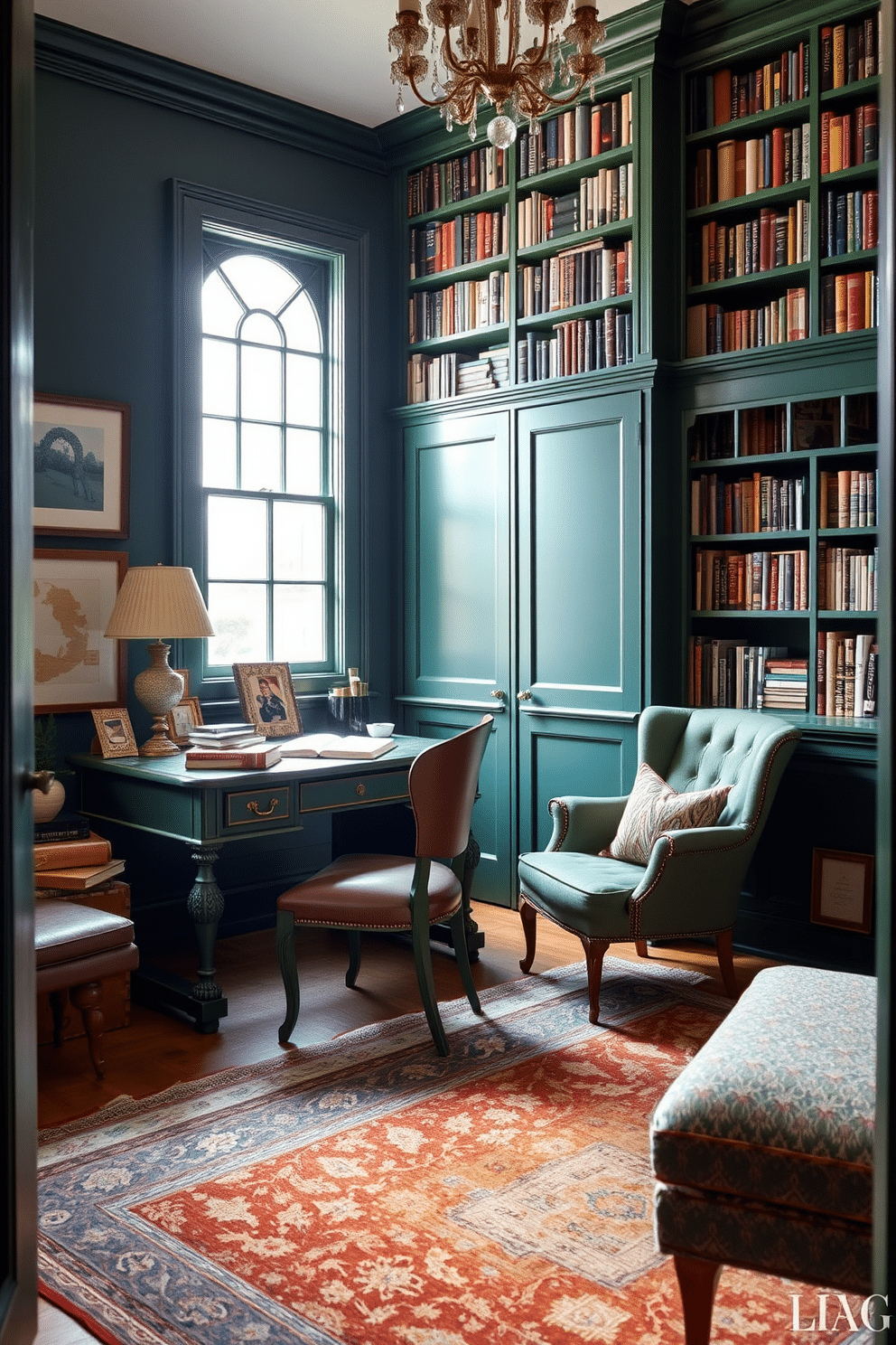 A vintage green desk sits elegantly in a cozy workspace, adorned with brass hardware and intricate carvings. Soft natural light filters through a nearby window, illuminating a comfortable leather chair and a collection of artful stationery. The home library features floor-to-ceiling bookshelves painted in a deep forest green, filled with an array of books and decorative items. A plush reading nook with a vintage armchair and a small side table invites relaxation, while a warm area rug adds texture to the space.