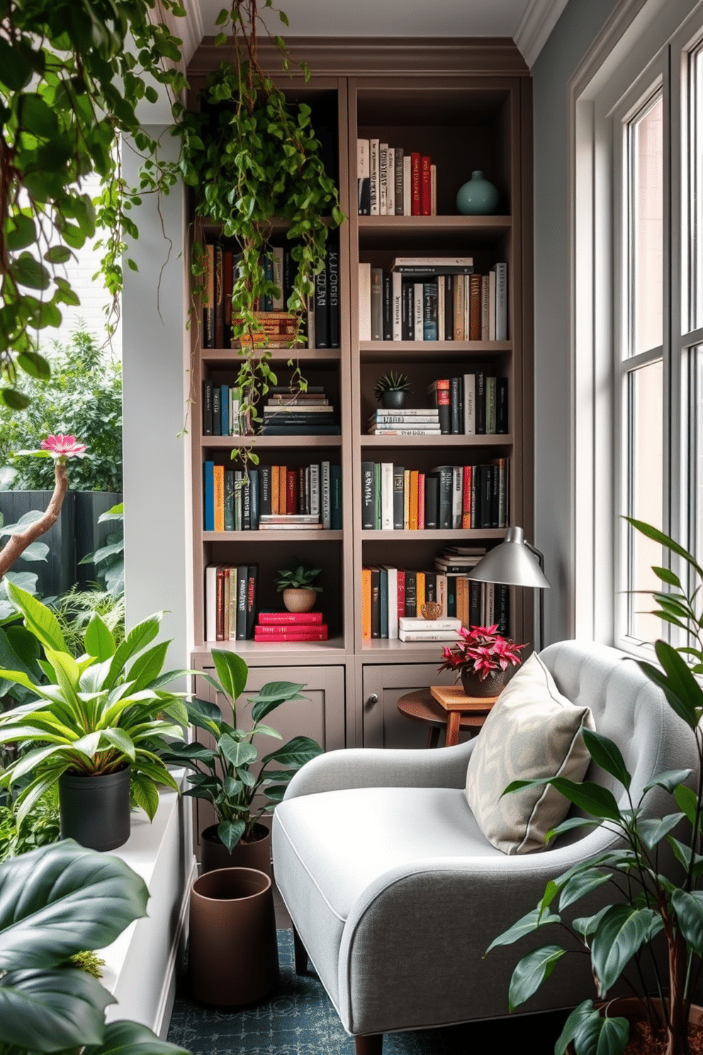 A serene indoor garden adjacent to a cozy reading chair, featuring lush greenery and vibrant plants that create a tranquil atmosphere. The reading chair is upholstered in soft fabric, positioned near a large window that allows natural light to filter through, enhancing the peaceful vibe of the space. A modern green home library design, showcasing built-in bookshelves filled with an array of books and decorative items. The space is complemented by a comfortable reading nook, complete with an ergonomic chair and a small side table, surrounded by potted plants that bring a touch of nature indoors.