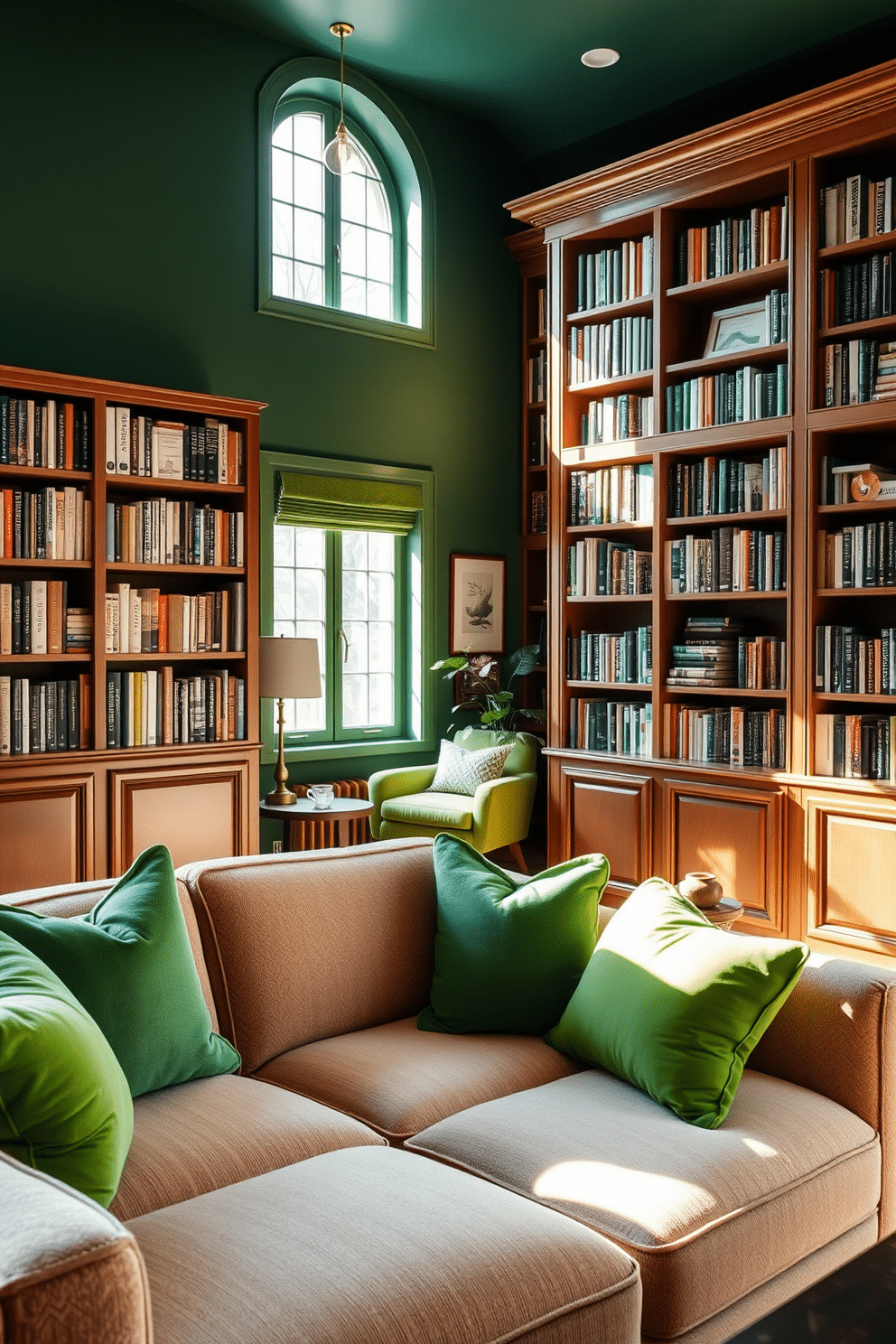 A cozy living room featuring a plush sofa adorned with vibrant green throw pillows that add a pop of color. The space is illuminated by natural light streaming through large windows, creating a warm and inviting atmosphere. A stylish home library designed with deep green walls and rich wooden bookshelves filled with an array of books. A comfortable reading nook is nestled in the corner, complete with a plush armchair and a small side table for a cup of tea.