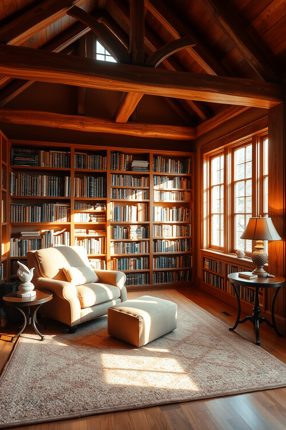 A cozy home library featuring natural wood beams that create a rustic charm. The shelves are filled with books, and a plush reading chair sits in the corner, bathed in warm, natural light. The walls are painted in earthy tones, complementing the wooden accents. A large area rug adds warmth, while a small side table holds a steaming cup of tea and a decorative lamp.