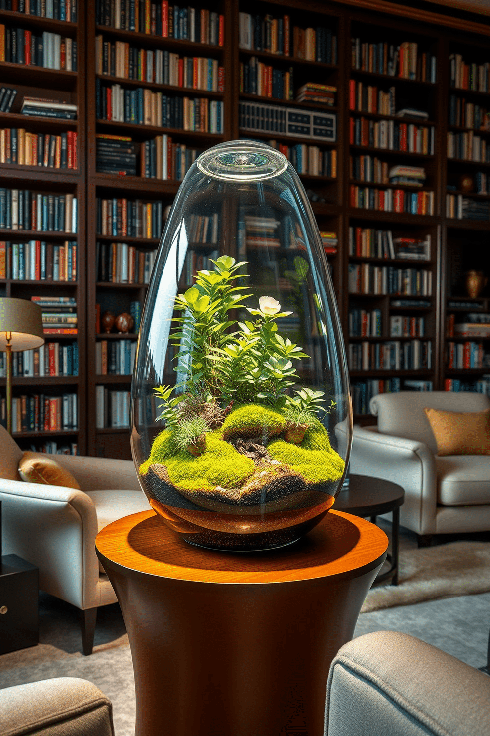 A stunning glass terrarium sits atop a sleek side table, filled with lush greenery and vibrant moss that create a miniature ecosystem. The terrarium is illuminated by soft, ambient lighting, casting gentle shadows that enhance the natural beauty of the plants. A cozy home library features floor-to-ceiling bookshelves filled with an eclectic collection of books, accented by a rich, dark wood finish. Plush seating areas with inviting armchairs and a warm color palette create an inviting atmosphere for reading and relaxation.