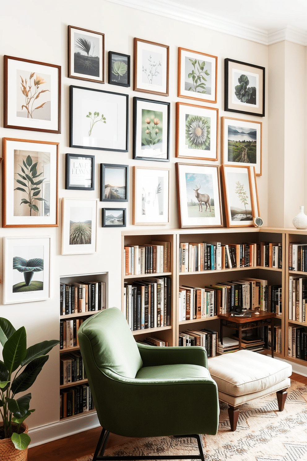 A gallery wall adorned with nature-themed art, featuring an array of framed botanical prints and landscape photographs in various sizes. The artwork is arranged in a harmonious layout against a soft, neutral backdrop, creating a serene focal point in the room. A cozy green home library designed for relaxation and inspiration, with built-in bookshelves lined with an extensive collection of books. A plush reading nook is nestled in one corner, complete with a comfortable armchair, a small side table, and warm lighting to create an inviting atmosphere.