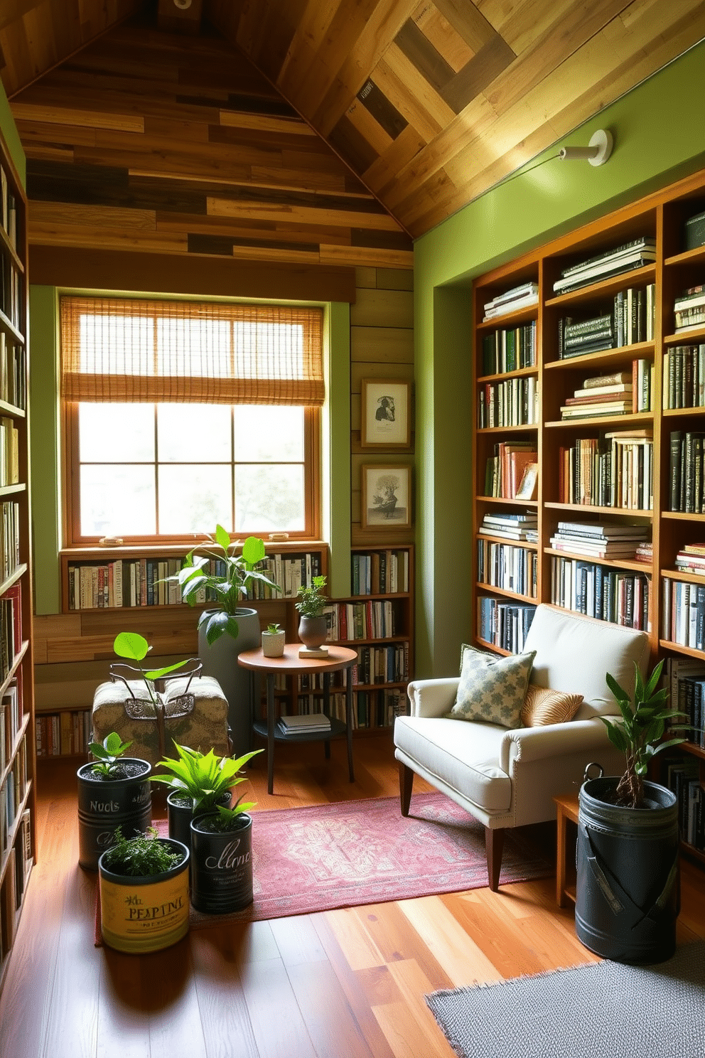 A cozy green home library featuring walls lined with bookshelves made from reclaimed wood. A large, comfortable reading chair upholstered in organic cotton sits in the corner, accompanied by a small side table crafted from recycled materials. Natural light floods the space through large windows adorned with bamboo shades. The flooring is made of sustainably sourced hardwood, and decorative accents include planters made from upcycled containers, adding a touch of greenery to the decor.