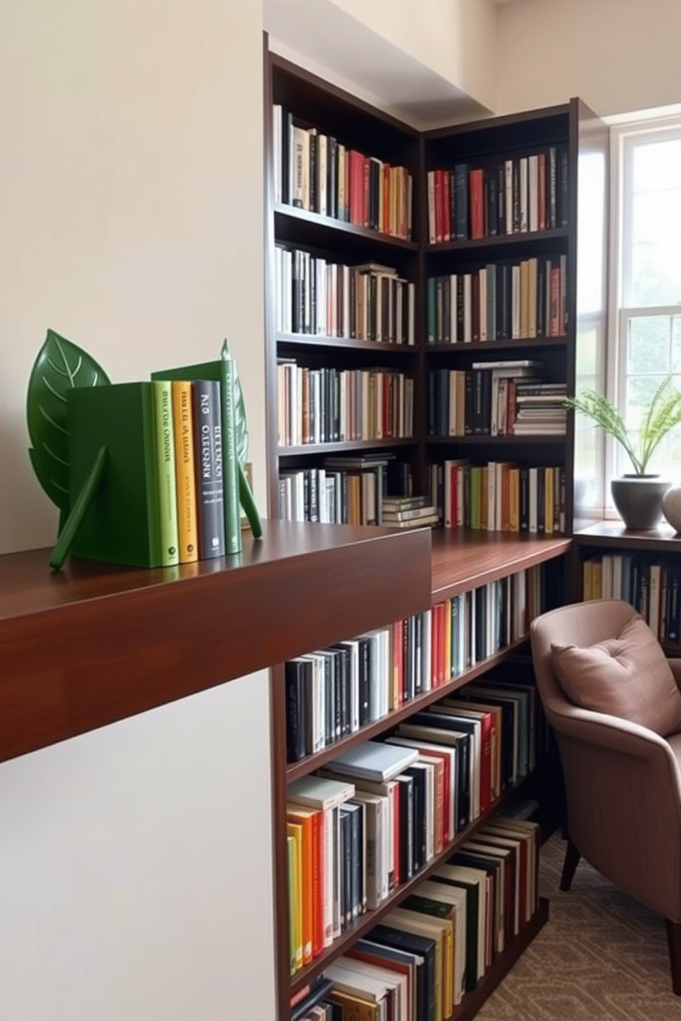 A cozy home library featuring green bookends shaped like leaves, positioned on a sleek wooden shelf filled with an array of colorful books. The walls are painted in a soft cream color, and a comfortable reading nook with a plush armchair and a small side table is nestled in one corner, bathed in natural light from a nearby window.