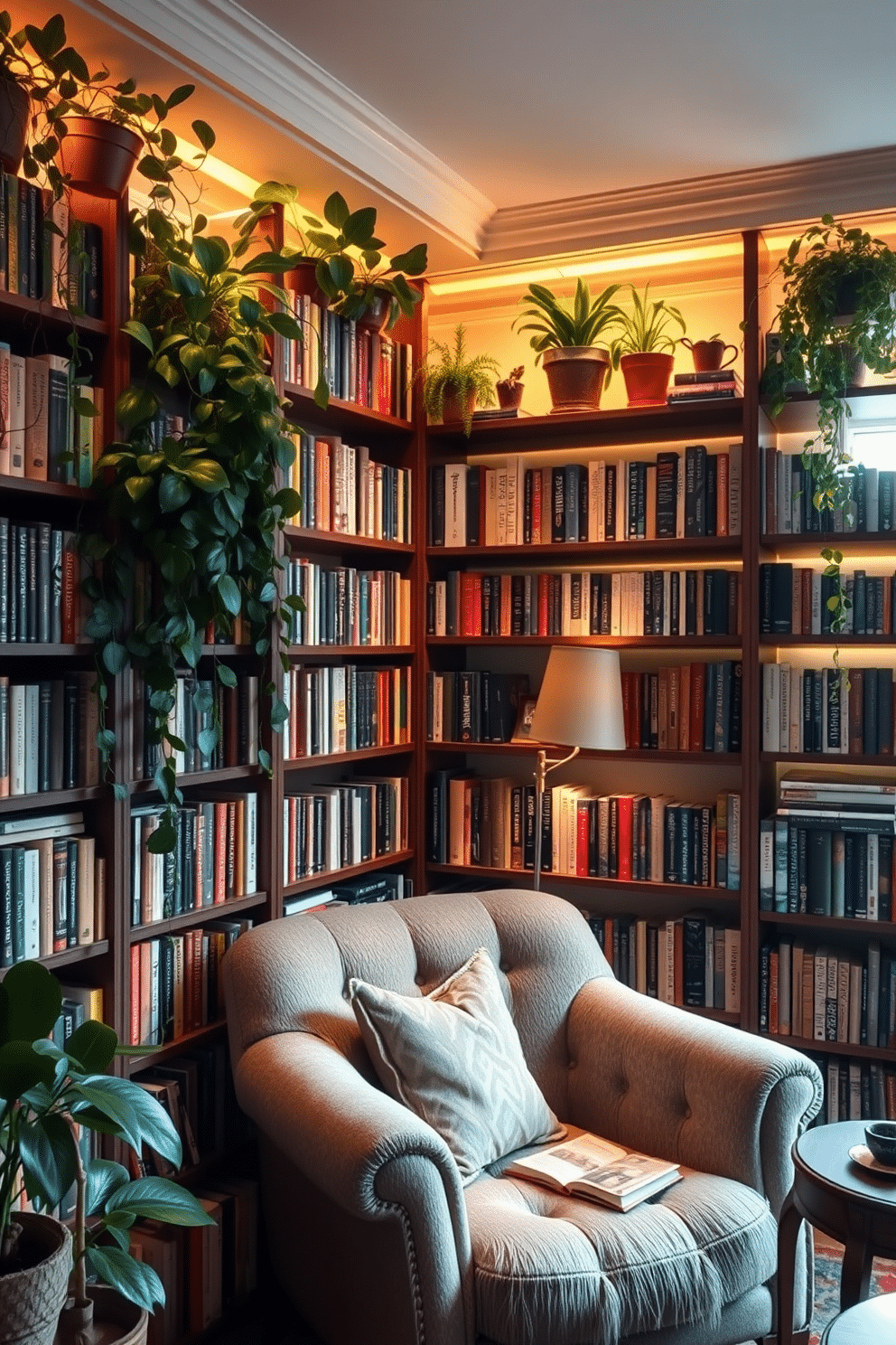 A cozy home library featuring lush bookshelves filled with a diverse collection of books. The shelves are adorned with botanical accents, including potted plants and hanging vines that bring a touch of nature indoors. The library is illuminated by warm, ambient lighting that creates an inviting atmosphere. A plush reading chair sits in the corner, paired with a small side table for a cup of tea or coffee, enhancing the tranquil setting.