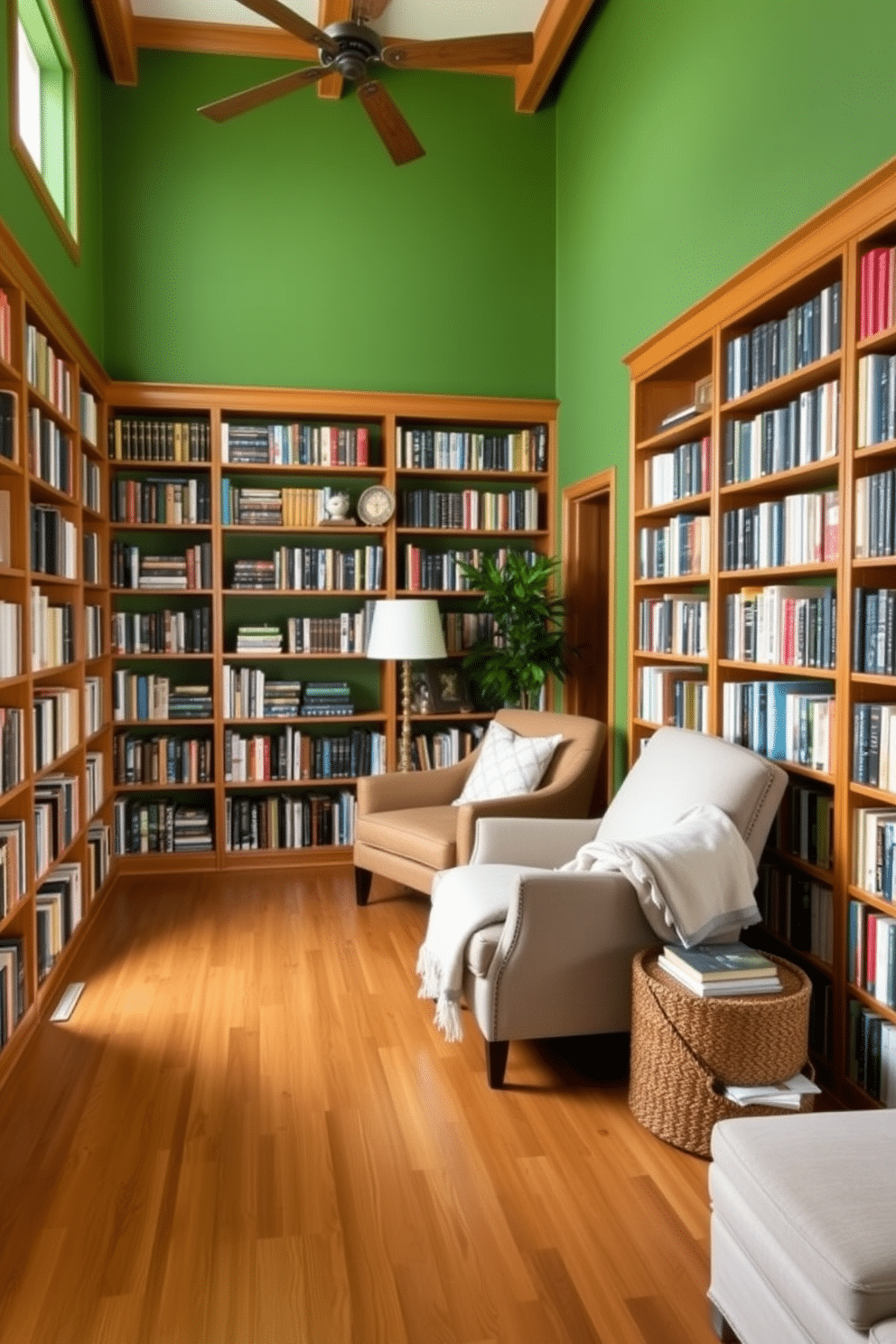 A serene green home library featuring sustainable bamboo flooring that adds warmth and natural charm. The walls are lined with custom-built wooden shelves filled with books, and a cozy reading nook is created with a plush armchair and soft throw blankets.