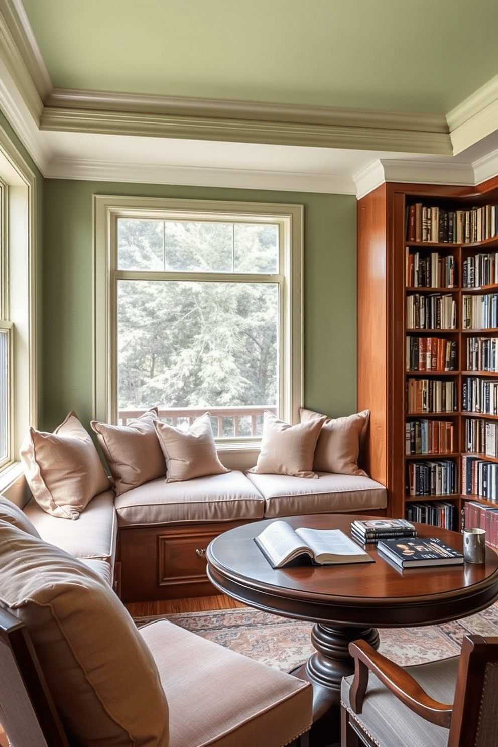 Cozy window seat with cushions. The window seat is adorned with plush, oversized cushions in soft, earthy tones, inviting relaxation and comfort. Green home library design ideas. The library features floor-to-ceiling bookshelves filled with a variety of books, complemented by a rich, dark wood reading table surrounded by comfortable seating.