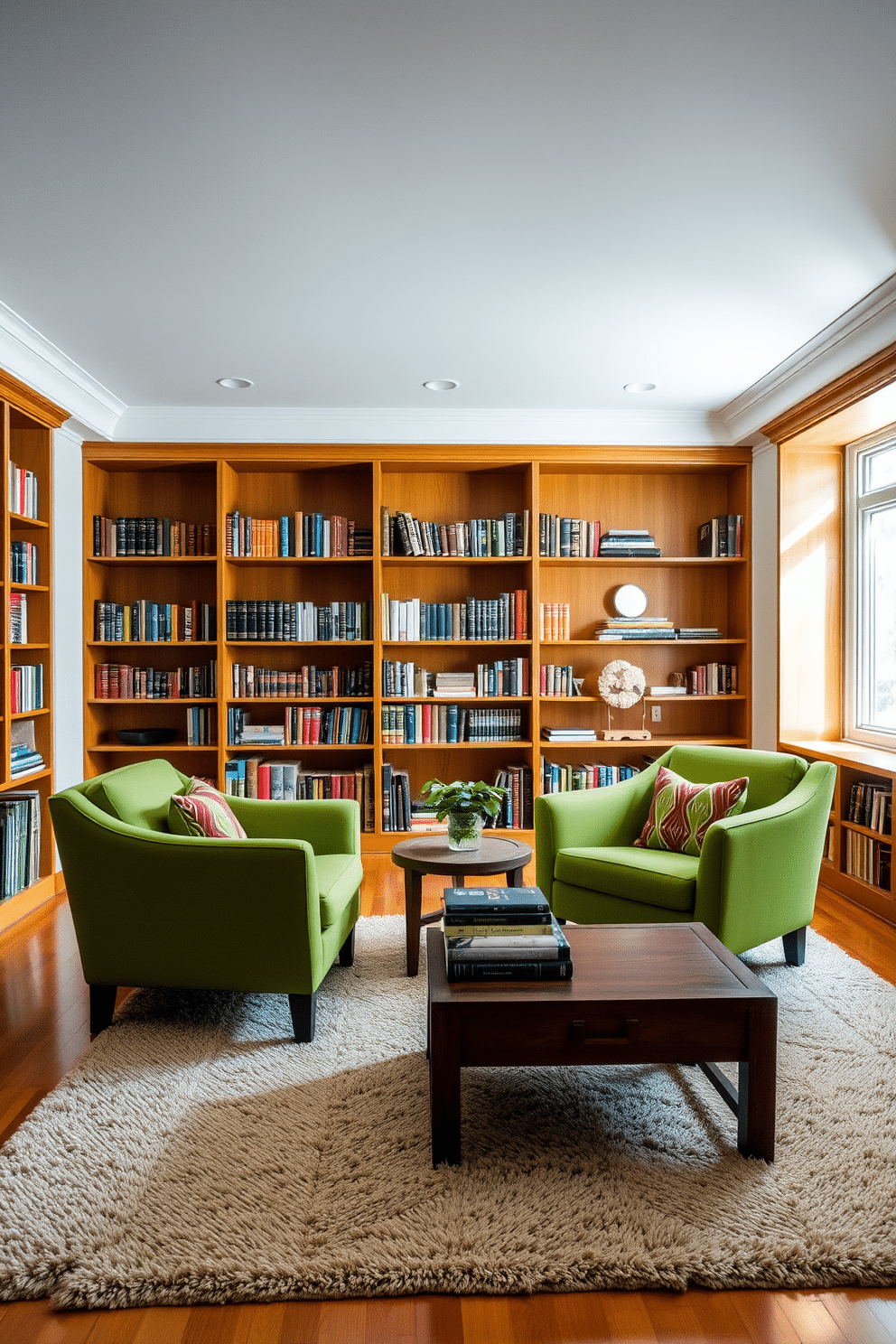 A cozy home library filled with natural light. The focal point is a pair of vibrant green accent chairs that contrast beautifully with the warm wooden bookshelves lining the walls. Soft, ambient lighting creates an inviting atmosphere, while a plush area rug anchors the seating area. A stylish coffee table sits between the chairs, adorned with a stack of books and a small potted plant for added greenery.