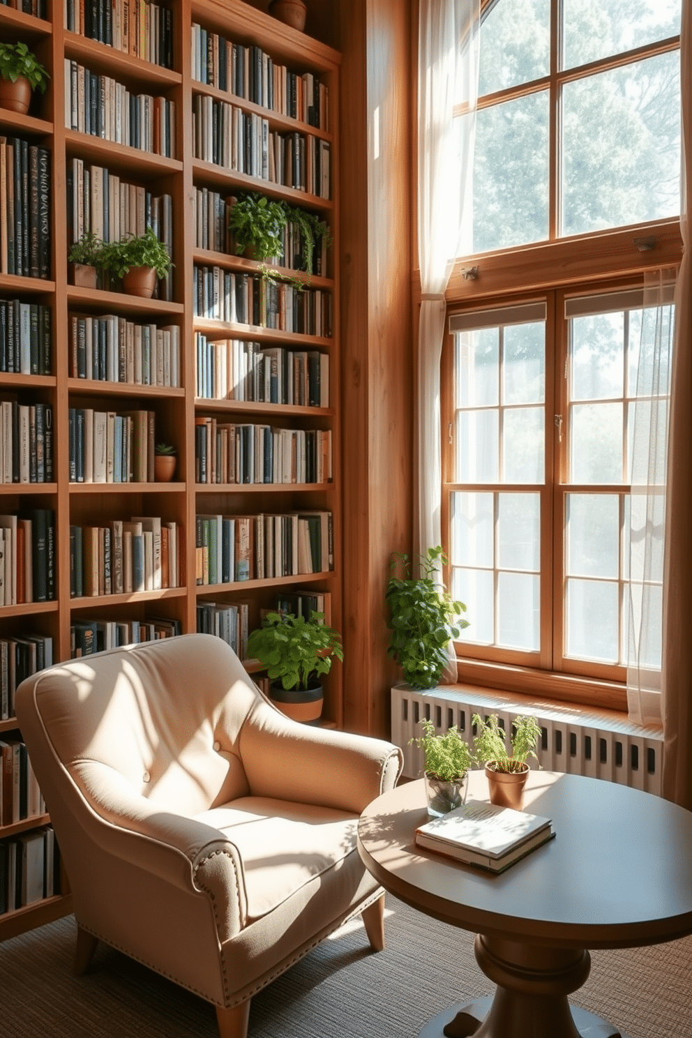 A cozy green home library filled with natural light. The walls are lined with floor-to-ceiling bookshelves made of reclaimed wood, showcasing an array of books and potted herbs for a fresh scent. A comfortable reading nook is nestled in one corner, featuring a plush armchair upholstered in soft, earthy tones. A large window with sheer curtains allows sunlight to filter in, illuminating a small table where a few herb pots thrive, adding a touch of greenery to the space.