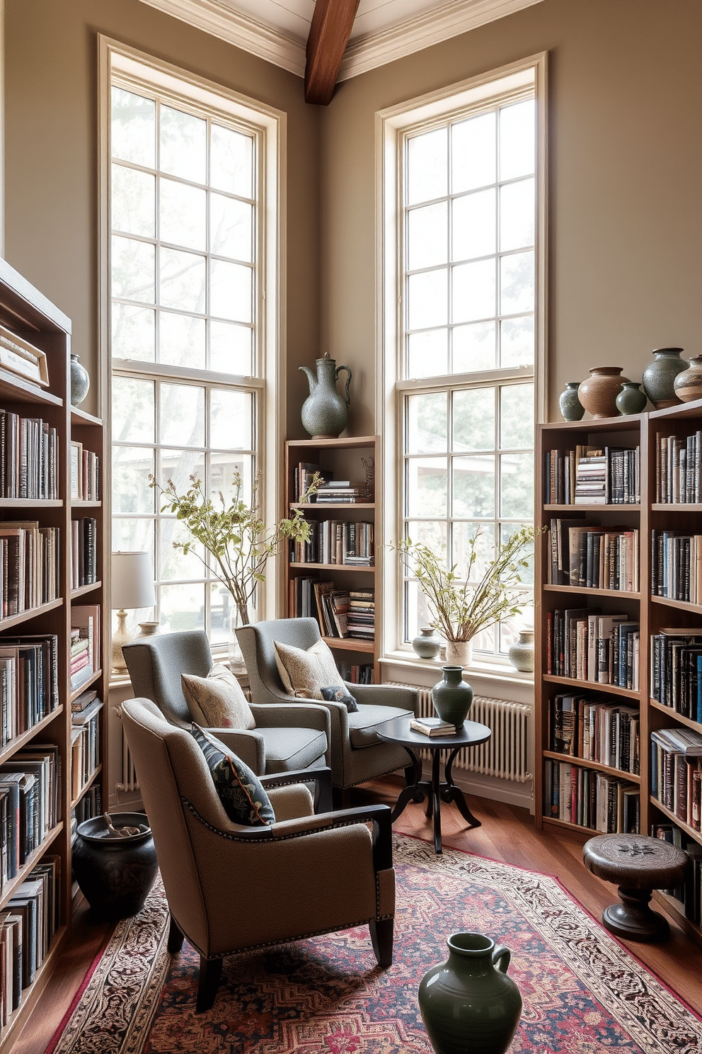 A cozy home library featuring artisan green pottery as decorative accents. The shelves are filled with books, and the walls are adorned with soft, earthy tones that complement the pottery's hues. A comfortable reading nook is nestled in one corner, complete with a plush armchair and a small side table. Natural light floods the space through large windows, enhancing the inviting atmosphere of the library.