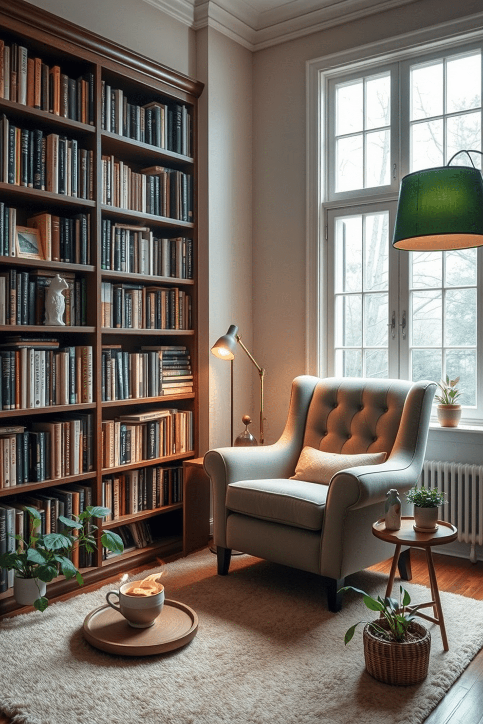 A cozy home library featuring soft lighting with green lampshades that create a warm and inviting atmosphere. The shelves are filled with an eclectic mix of books, and a plush armchair is positioned near a large window, inviting readers to relax and enjoy their favorite stories. The walls are painted in a calming neutral tone, complemented by rich wooden accents and a soft area rug underfoot. A small side table holds a steaming cup of tea, and a few potted plants add a touch of greenery to the serene space.