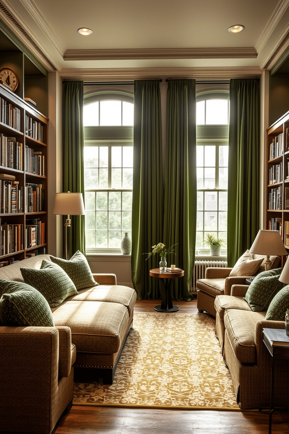 A cozy home library featuring textured fabrics in various shades of green. Plush seating arrangements invite relaxation, while shelves filled with books line the walls, accented by soft lighting to create a warm atmosphere. Rich green curtains frame large windows, allowing natural light to filter in and enhance the inviting space. A patterned area rug adds depth to the room, complementing the green hues and providing a comfortable reading nook.