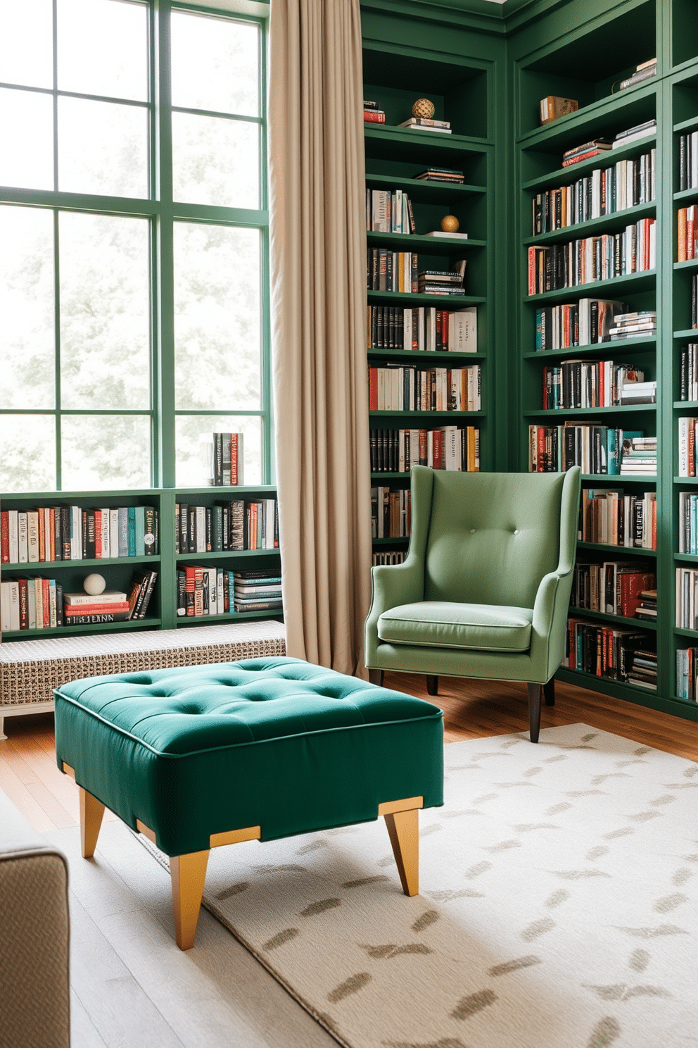 A stylish green ottoman serves as a functional and chic addition to the living space, providing extra seating while enhancing the room's aesthetic. The ottoman features a plush fabric with a rich emerald hue, complemented by elegant gold accents and tapered legs for a modern touch. The green home library is designed to be a cozy retreat, with floor-to-ceiling bookshelves filled with an array of books. A comfortable reading chair in a soft, muted green sits beside a large window, allowing natural light to flood the space and create a warm, inviting atmosphere.