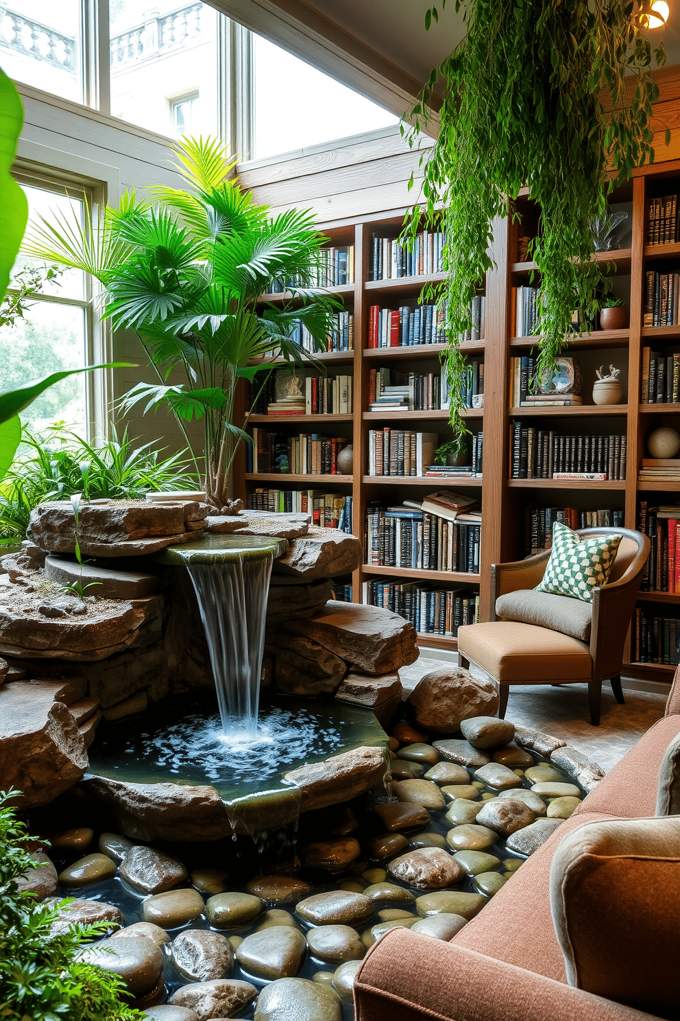 A serene indoor fountain is designed to create soothing sounds, featuring a cascading waterfall that flows into a shallow basin filled with smooth river stones. Surrounding the fountain, lush greenery and soft lighting enhance the tranquil atmosphere, inviting relaxation and contemplation. The green home library is a cozy retreat, showcasing built-in bookshelves crafted from reclaimed wood, filled with an array of books and decorative items. Large windows allow natural light to flood the space, while a comfortable reading nook with plush seating and a warm color palette creates an inviting environment for readers.