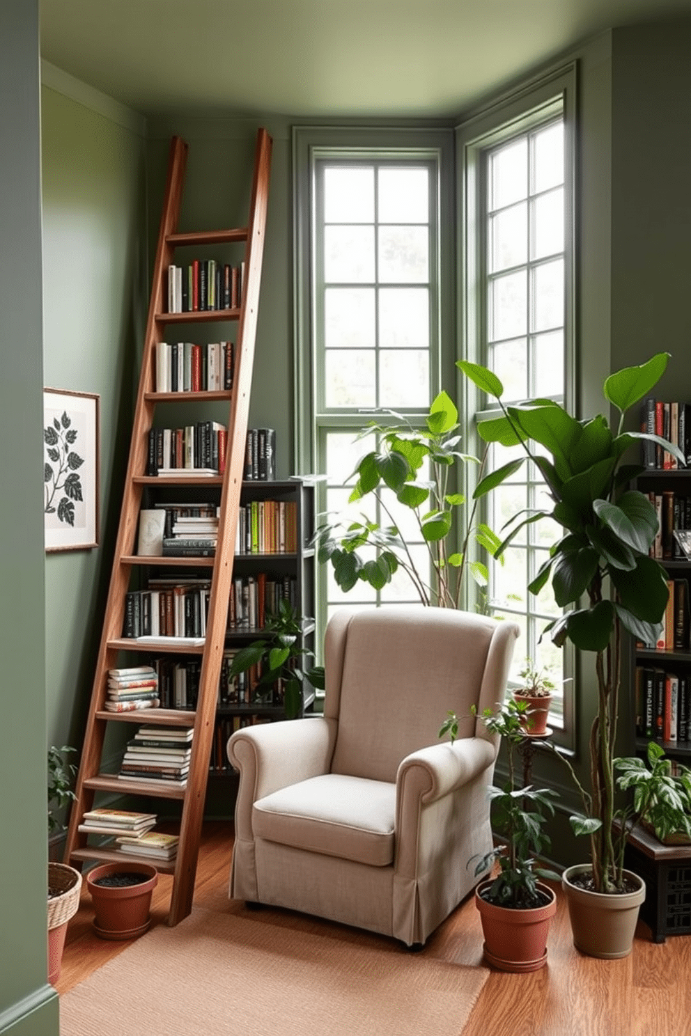 A decorative ladder leans against a wall, showcasing an array of beautifully arranged books in a cozy corner of a green home library. The ladder is made of reclaimed wood, adding a rustic charm, while the surrounding walls are painted in a soft sage green, creating a calming atmosphere. In the center of the library, a plush armchair invites you to sit and read, upholstered in a natural fabric that complements the earthy tones of the space. Large windows allow natural light to flood in, illuminating the collection of potted plants that add a touch of nature to the serene environment.