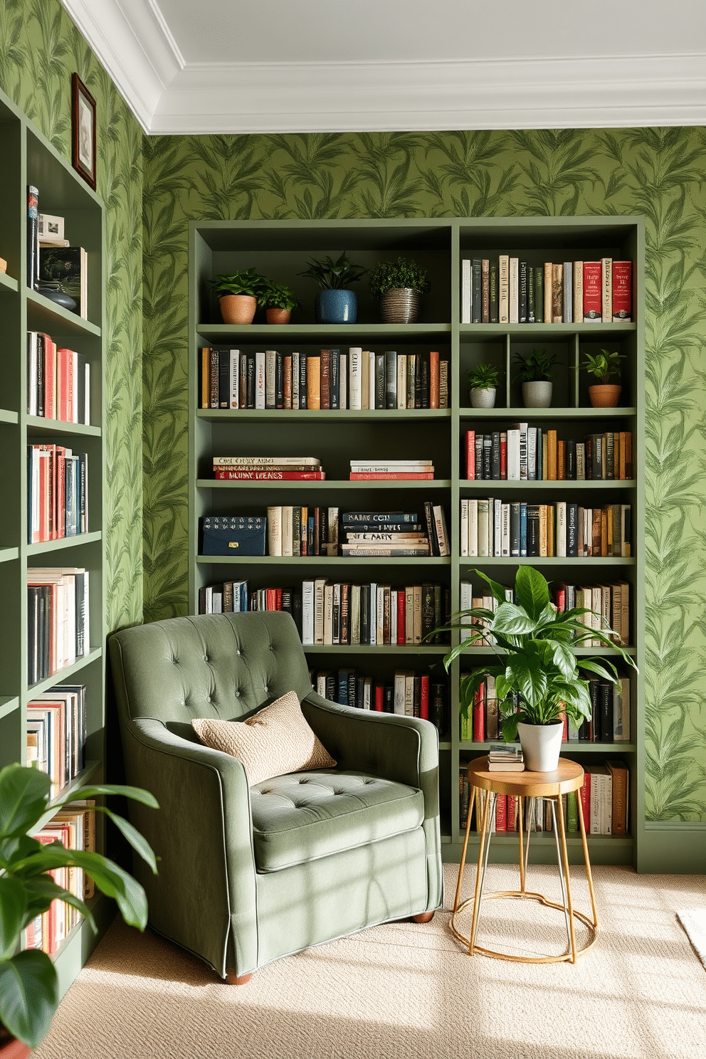 A serene green home library featuring nature-inspired wallpaper adorned with leafy patterns. The space includes a cozy reading nook with a plush armchair and a small side table, surrounded by shelves filled with books and indoor plants.