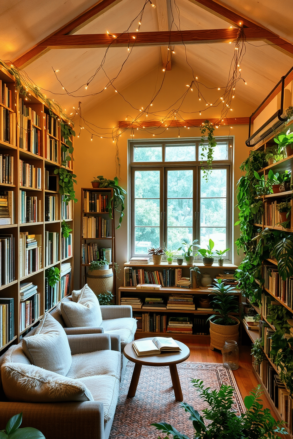 Create a whimsical home library filled with cozy reading nooks adorned with fairy lights that twinkle softly, casting a warm glow throughout the space. The shelves are filled with an eclectic mix of books, while plush seating invites relaxation and exploration. Incorporate sustainable materials and greenery to enhance the green home library design, featuring reclaimed wood shelves and a living wall of plants. Large windows allow natural light to filter in, creating an inviting atmosphere perfect for enjoying a good book.