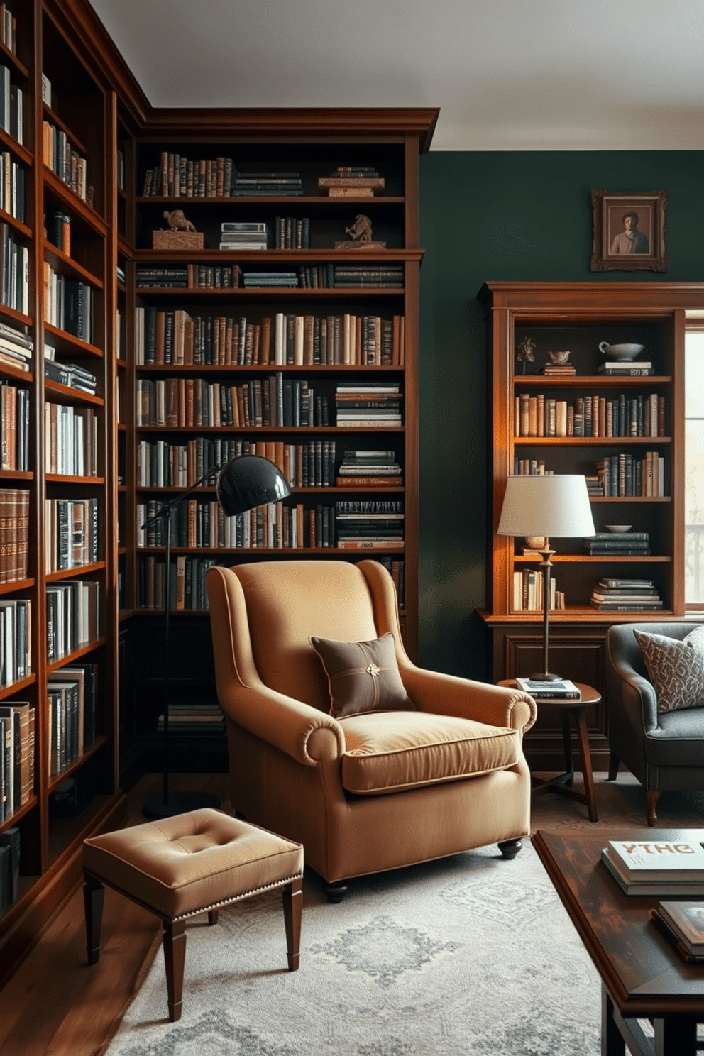 A cozy home library featuring earthy tones and rich wooden furniture. The walls are adorned with deep green paint, complemented by a large wooden bookshelf filled with books and decorative items. A plush, oversized armchair in a warm beige fabric sits invitingly in the corner, paired with a small wooden side table. Soft, ambient lighting from a stylish floor lamp creates a serene reading nook.