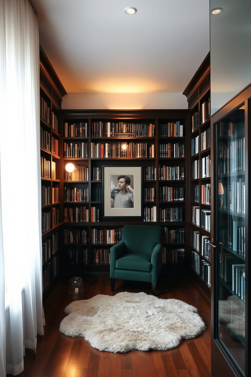 A cozy home library featuring a green velvet armchair that invites relaxation and reading. The walls are lined with dark wooden bookshelves filled with an array of books, while a warm, ambient light illuminates the space. In the center, a plush area rug anchors the seating area, creating a comfortable atmosphere. Large windows allow natural light to flood in, complemented by soft, sheer curtains that add an elegant touch.