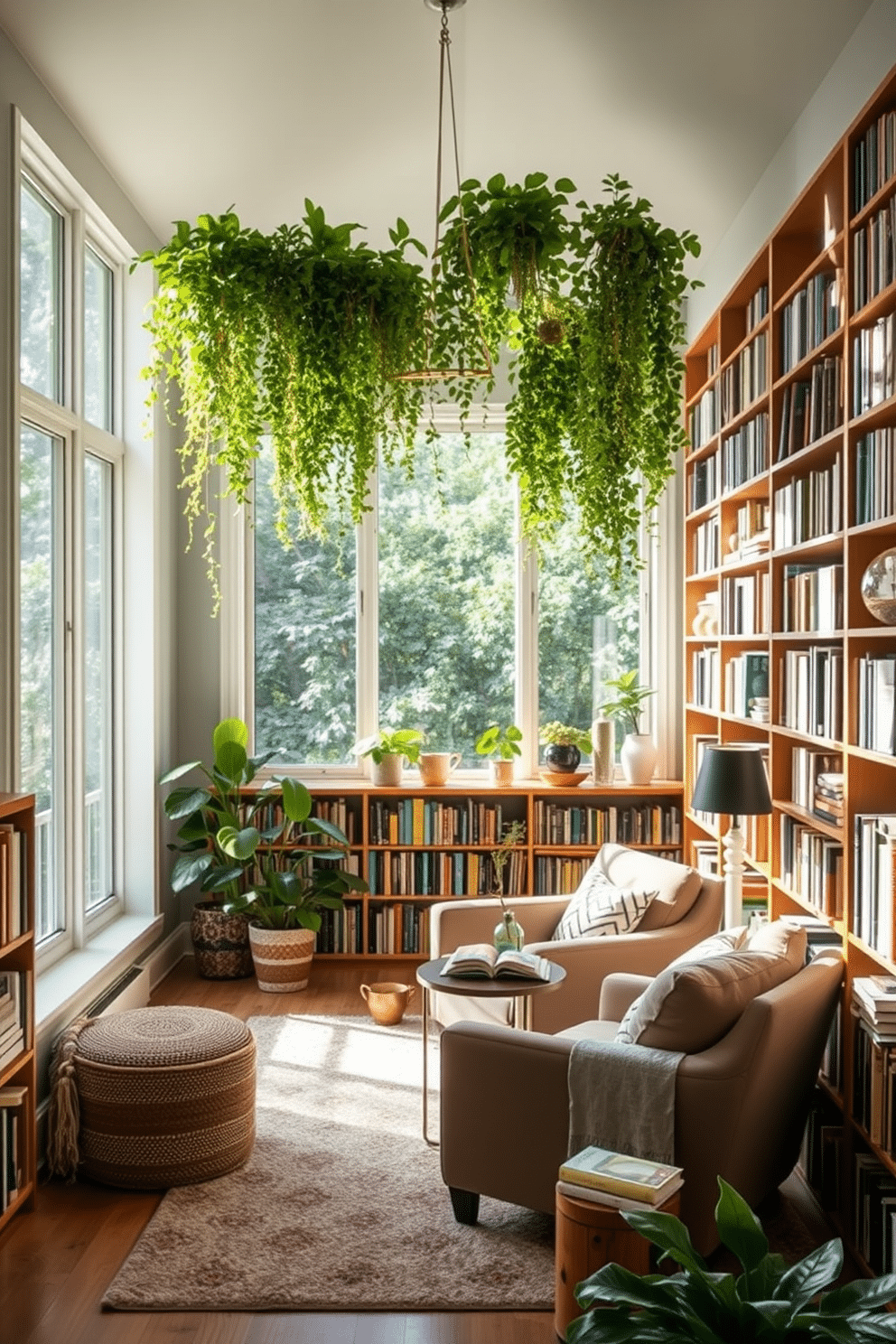 A cozy reading area bathed in natural light, featuring a plush armchair and a small side table. Above, lush hanging plants cascade from wooden shelves, creating a vibrant and inviting atmosphere. The walls are lined with floor-to-ceiling bookshelves filled with an eclectic mix of books and decorative items. A soft, neutral rug anchors the space, while large windows offer a view of the surrounding greenery, enhancing the tranquil vibe of this green home library.