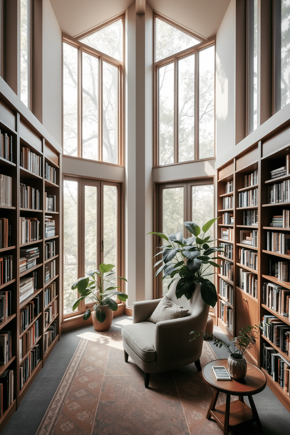 A serene home library featuring floor-to-ceiling windows that flood the space with natural light. The walls are lined with custom-built wooden bookshelves filled with an eclectic collection of books, while a cozy reading nook with a plush armchair and a small side table invites relaxation. The color palette consists of soft greens and earthy tones, enhancing the tranquil atmosphere. A large indoor plant sits in one corner, adding a touch of nature and freshness to the space.