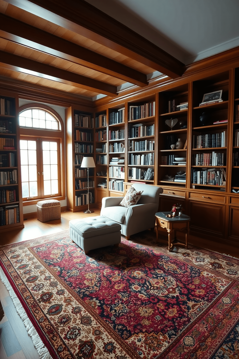 A cozy home library featuring layered rugs that create a warm and inviting atmosphere. The space includes a large, plush area rug underfoot, topped with a smaller, intricately patterned rug for added texture and warmth. The walls are lined with floor-to-ceiling bookshelves made of rich wood, filled with an array of books and decorative items. A comfortable reading nook with a plush armchair and a small side table is positioned near a window, allowing natural light to illuminate the space.