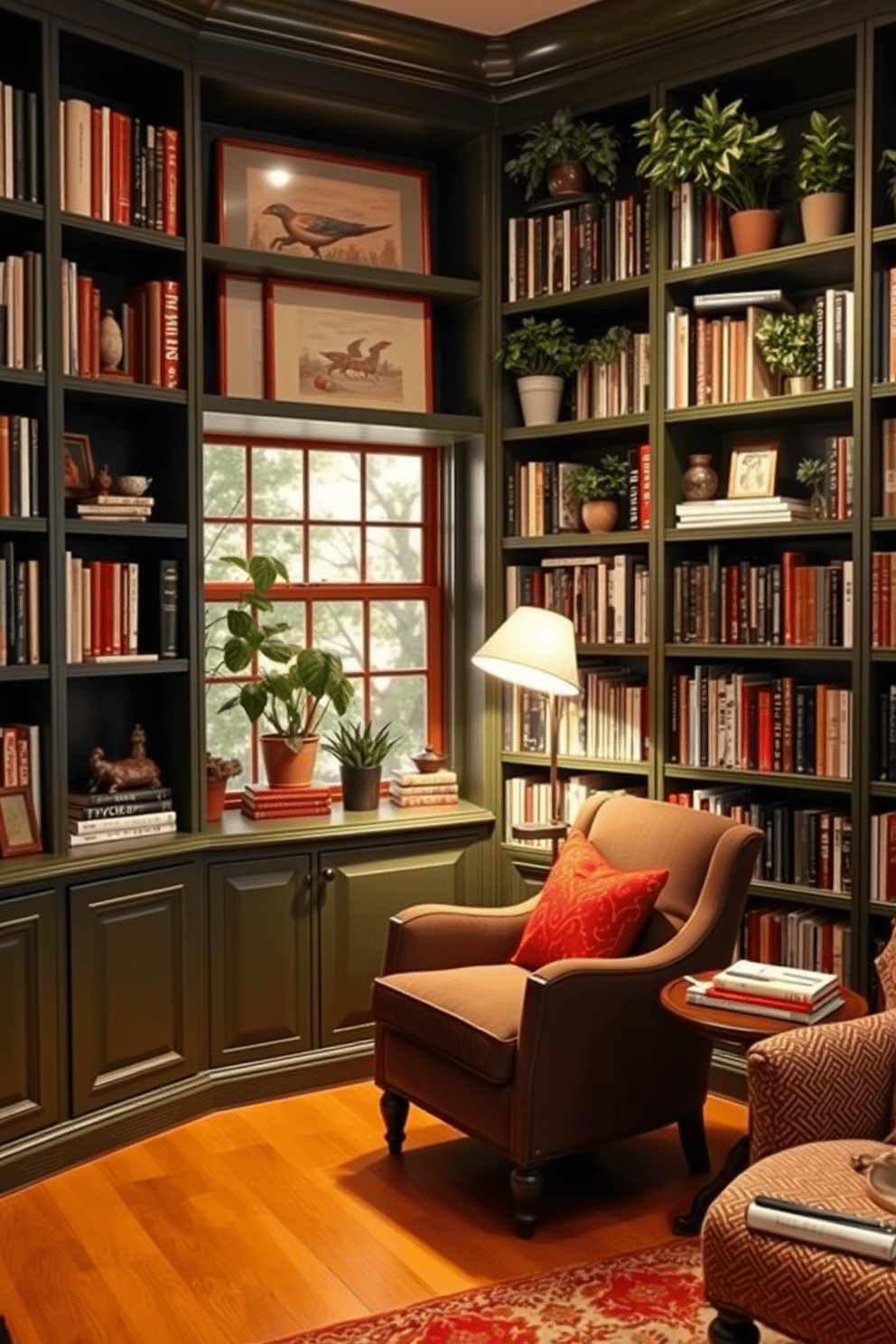 A cozy home library featuring built-in shelves painted in a rich green hue that complements the warm wooden accents throughout the room. The shelves are filled with an array of books, decorative items, and potted plants, creating an inviting and vibrant atmosphere. A comfortable reading nook is nestled in one corner, adorned with a plush armchair and a small side table. Soft lighting from a stylish floor lamp casts a warm glow, enhancing the tranquil ambiance perfect for enjoying a good book.