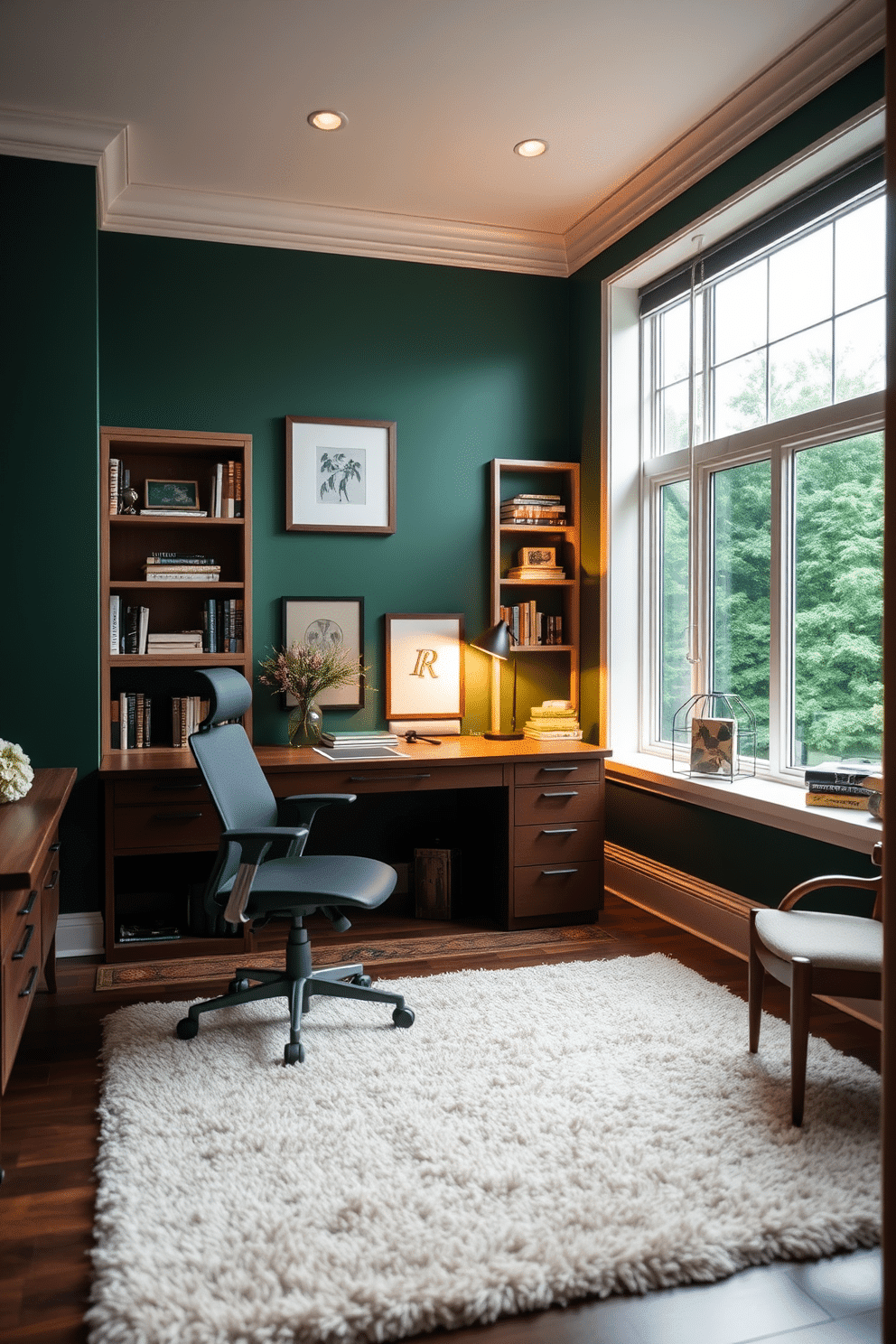 A serene home office featuring a forest green accent wall that adds depth and richness to the space. The room is furnished with a sleek wooden desk and a comfortable ergonomic chair, complemented by warm lighting from a stylish desk lamp. Incorporate built-in shelves filled with books and decorative items, creating a personalized and inspiring environment. A plush area rug in neutral tones anchors the space, while large windows allow natural light to flood in, enhancing the overall ambiance.