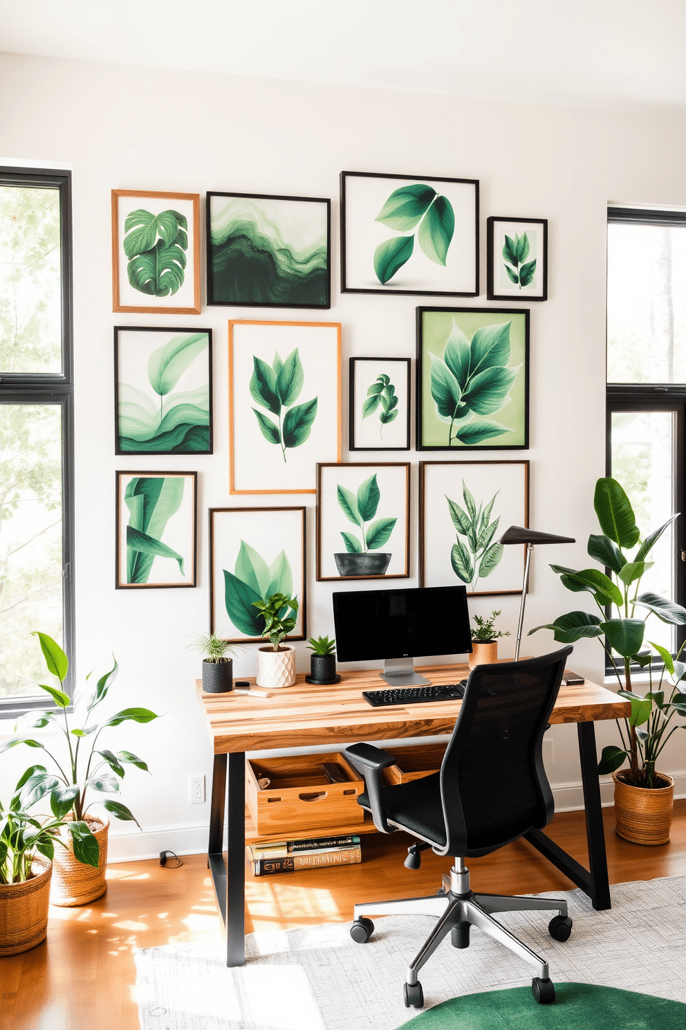 A gallery wall adorned with an array of green-themed art pieces, featuring abstract paintings and botanical prints in varying shades of green. The frames are a mix of natural wood and sleek black, creating an inviting focal point in the room. A stylish home office designed with a focus on sustainability, showcasing a reclaimed wood desk paired with an ergonomic chair. Large windows allow natural light to flood the space, complemented by indoor plants that enhance the green aesthetic.