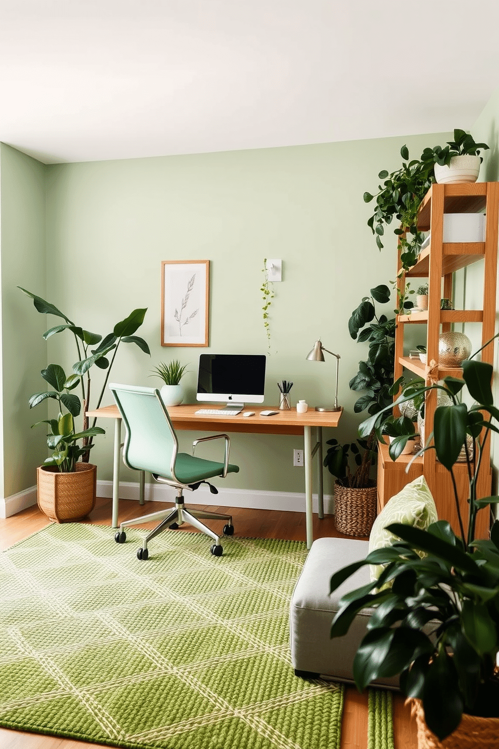 A cozy green home office features a textured green area rug that adds warmth and comfort underfoot. The walls are painted in a soft, light green hue, complemented by natural wood furniture and plenty of plants for a refreshing ambiance.