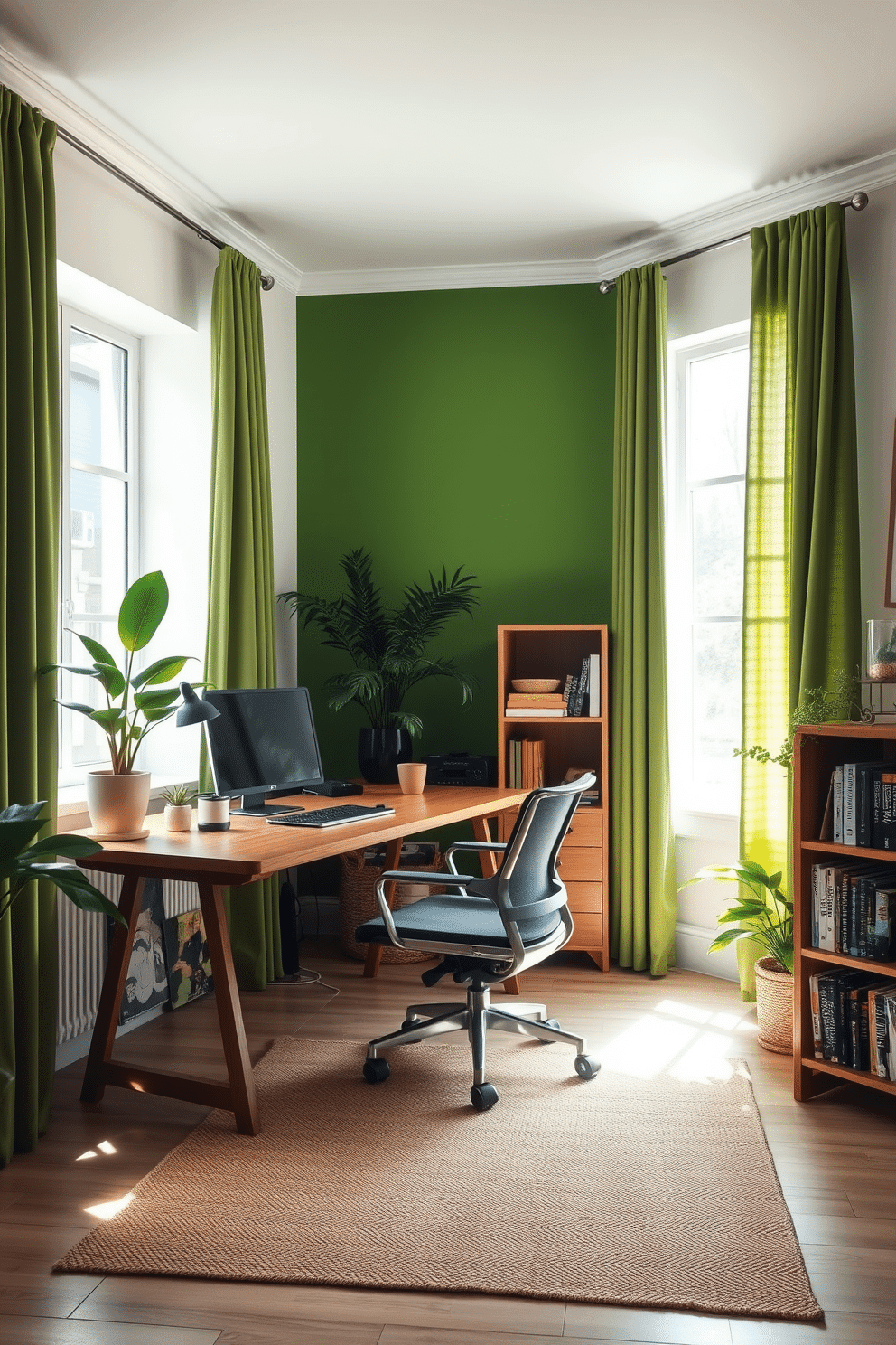 A serene home office bathed in natural light, enhanced by lush green curtains that gently diffuse the sunlight. The space features a sleek wooden desk paired with an ergonomic chair, surrounded by indoor plants that bring a touch of nature indoors. The walls are painted in a soft, neutral tone, creating a calming backdrop for a vibrant green accent wall. A stylish bookshelf filled with books and decorative items adds personality, while a cozy rug anchors the seating area, inviting creativity and focus.