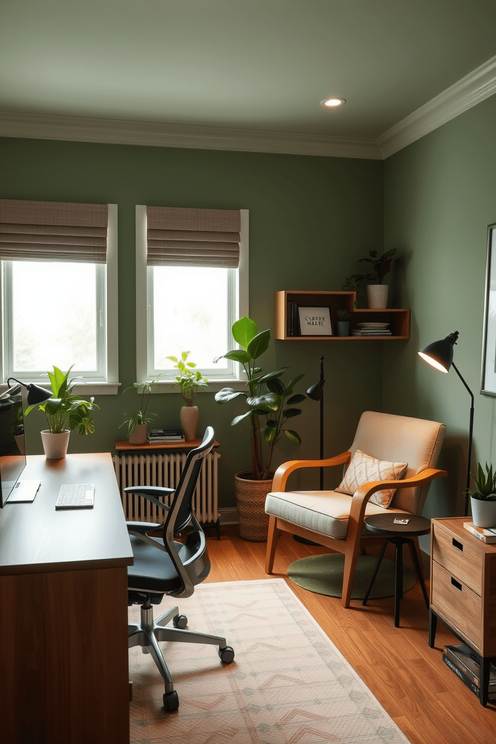 A serene home office featuring sage green walls that evoke a calming atmosphere. The space is accented with natural wood furniture, including a sleek desk and a comfortable ergonomic chair, complemented by soft, ambient lighting. Incorporate indoor plants to enhance the tranquility of the environment, placing them on a stylish shelf or near the window. A cozy reading nook with a plush armchair and a small side table invites relaxation and inspiration.