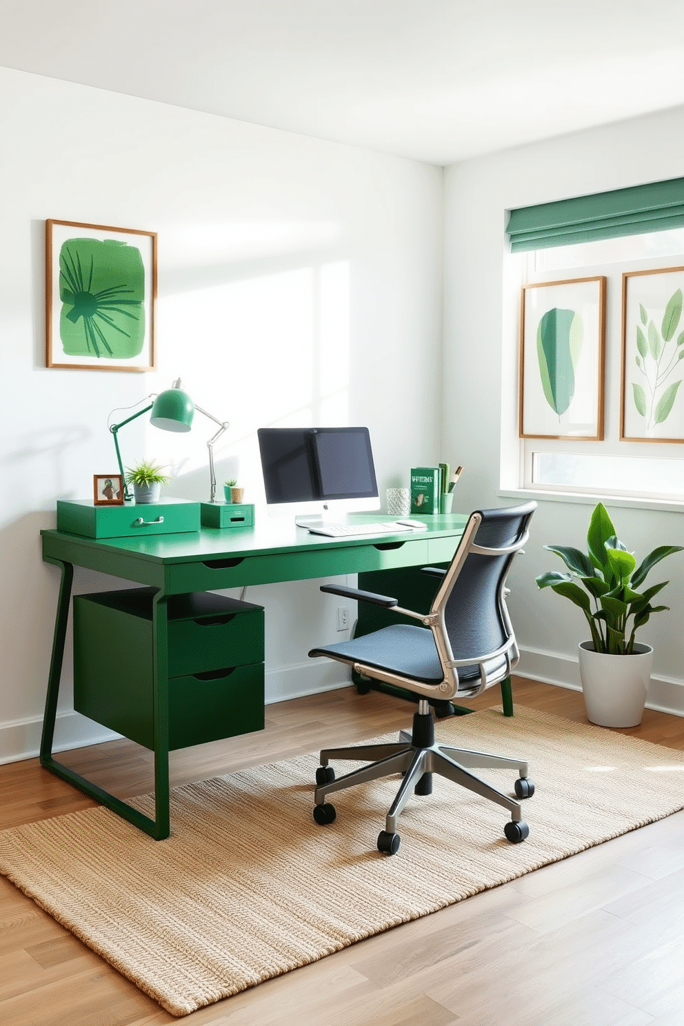 A modern home office featuring a sleek green desk with matching accessories, including a stylish desk organizer, a vibrant plant, and a chic lamp. The walls are painted in a soft white, creating a bright and inviting atmosphere, while a comfortable ergonomic chair completes the setup. The space is enhanced by natural light streaming in through large windows, illuminating the green accents throughout. A cozy rug beneath the desk adds warmth, and framed artwork with green tones adorns the walls for a cohesive look.