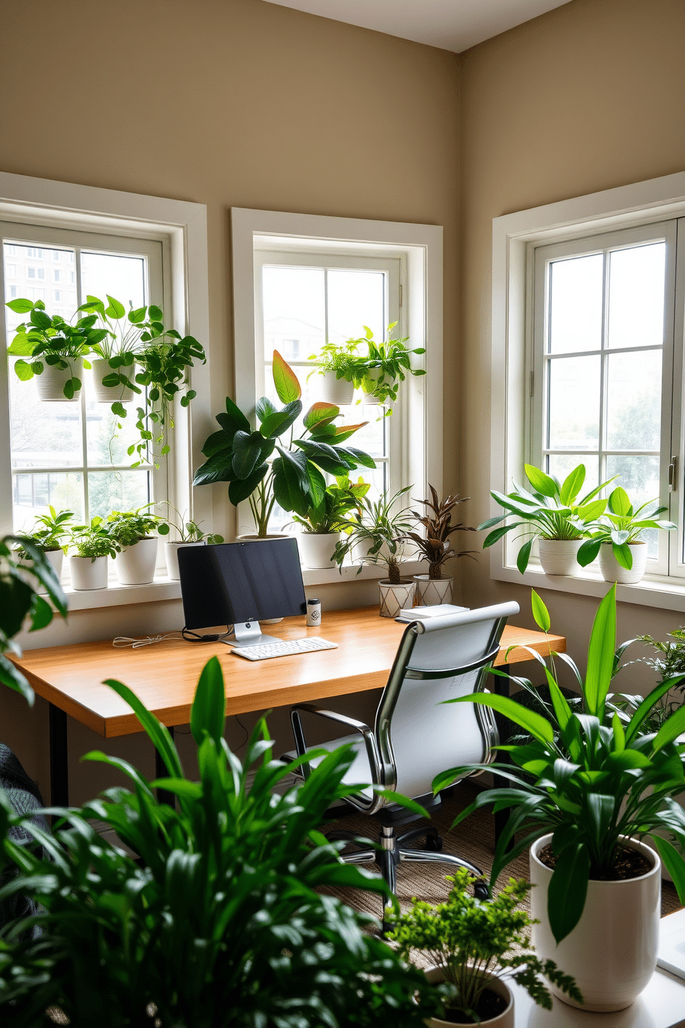 A serene home office filled with lush greenery in stylish window planters. The space features a sleek wooden desk paired with an ergonomic chair, while vibrant plants in white ceramic pots add life to the room. Natural light floods the area through large windows, enhancing the calming atmosphere. The walls are painted in a soft, earthy tone, complementing the greenery and creating a harmonious workspace.