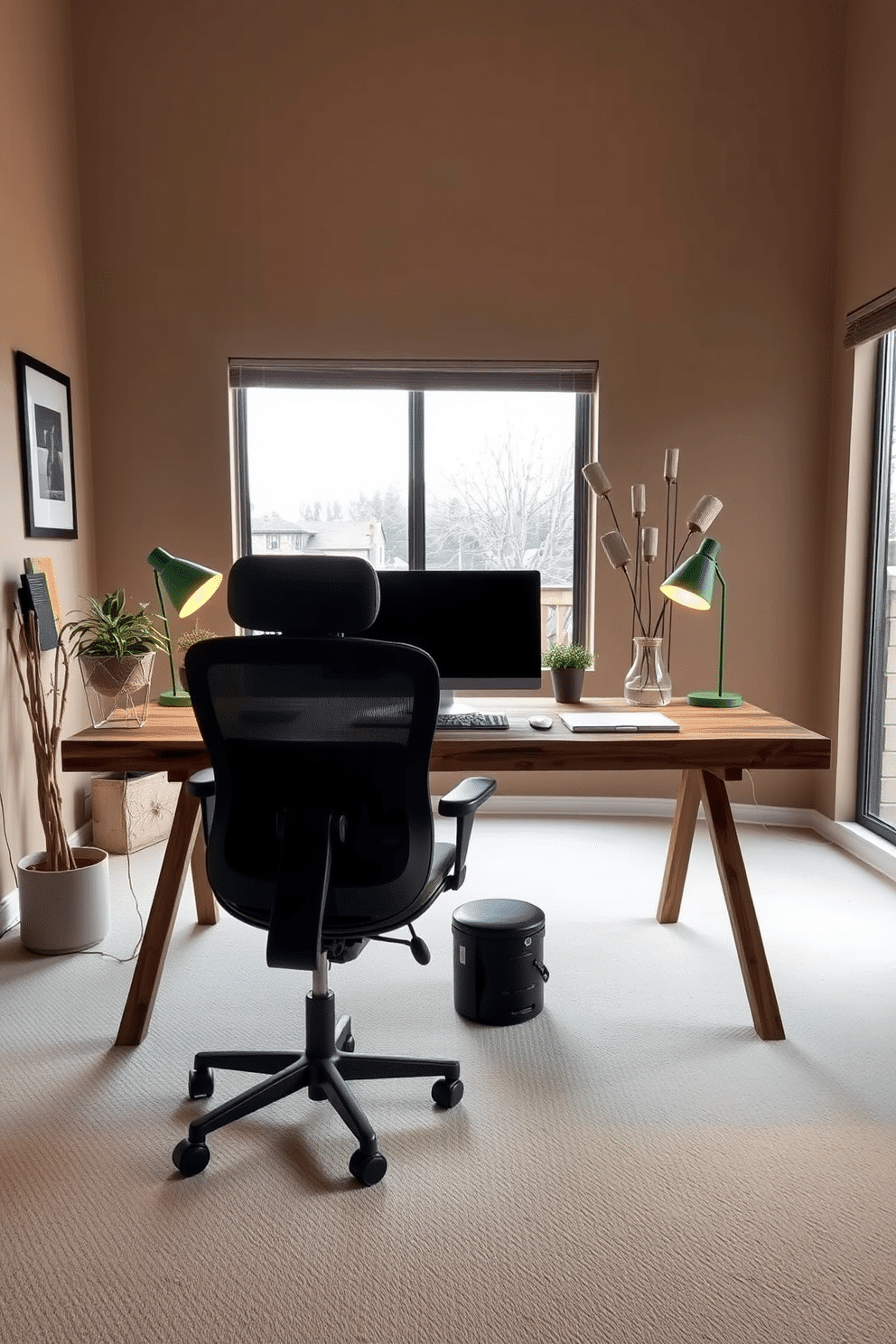 A modern home office featuring a sleek desk made of reclaimed wood, paired with a comfortable ergonomic chair. Accent lighting comes from stylish green lampshades that cast a warm glow, enhancing the inviting atmosphere of the space. The walls are painted in a soft, earthy tone that complements the natural wood elements, while potted plants add a touch of greenery. A large window allows for ample natural light, creating a bright and productive environment.